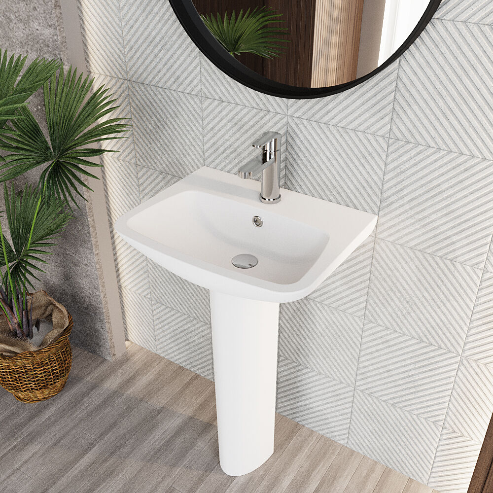 Soft Square Contemporary 1 Tap Hole Ceramic Basin and Pedestal, Choice of Basin Size - Image 8