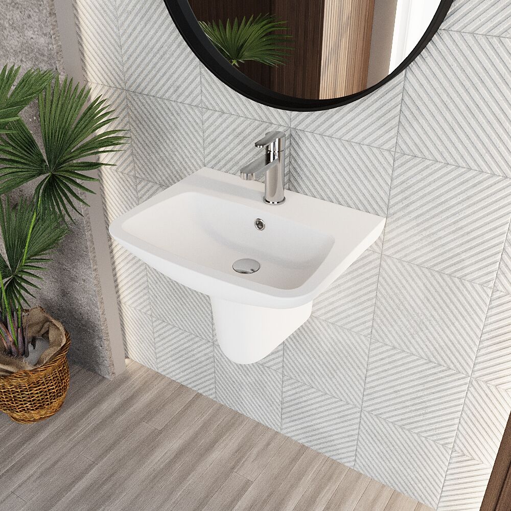 Balterley 1 Tap Hole Ceramic Basin & Semi Pedestal, Soft Square Wall Hung Bathroom Sink, 500mm - Image 3