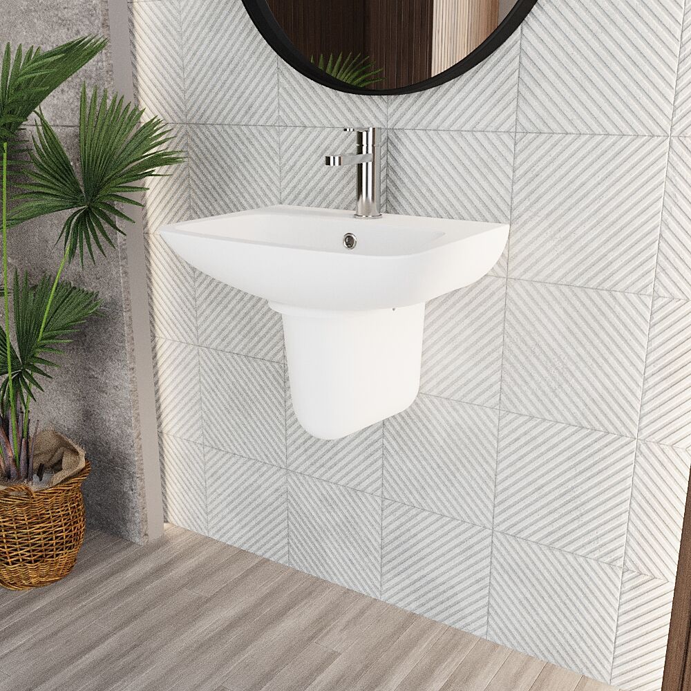 Balterley 1 Tap Hole Ceramic Basin & Semi Pedestal, Soft Square Wall Hung Bathroom Sink, 500mm - Image 4