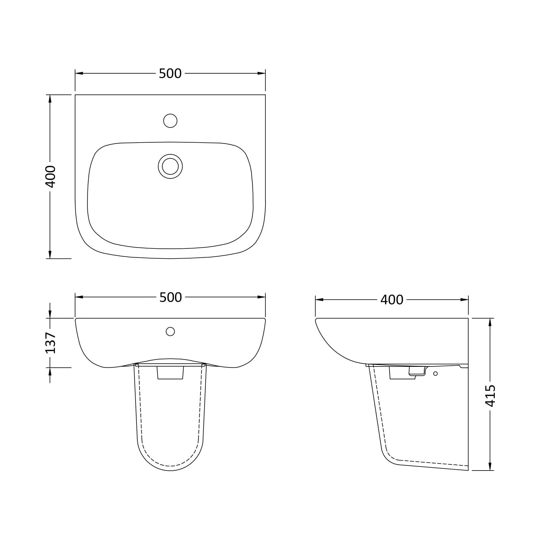 Balterley 1 Tap Hole Ceramic Basin & Semi Pedestal, Soft Square Wall Hung Bathroom Sink, 500mm - Image 5
