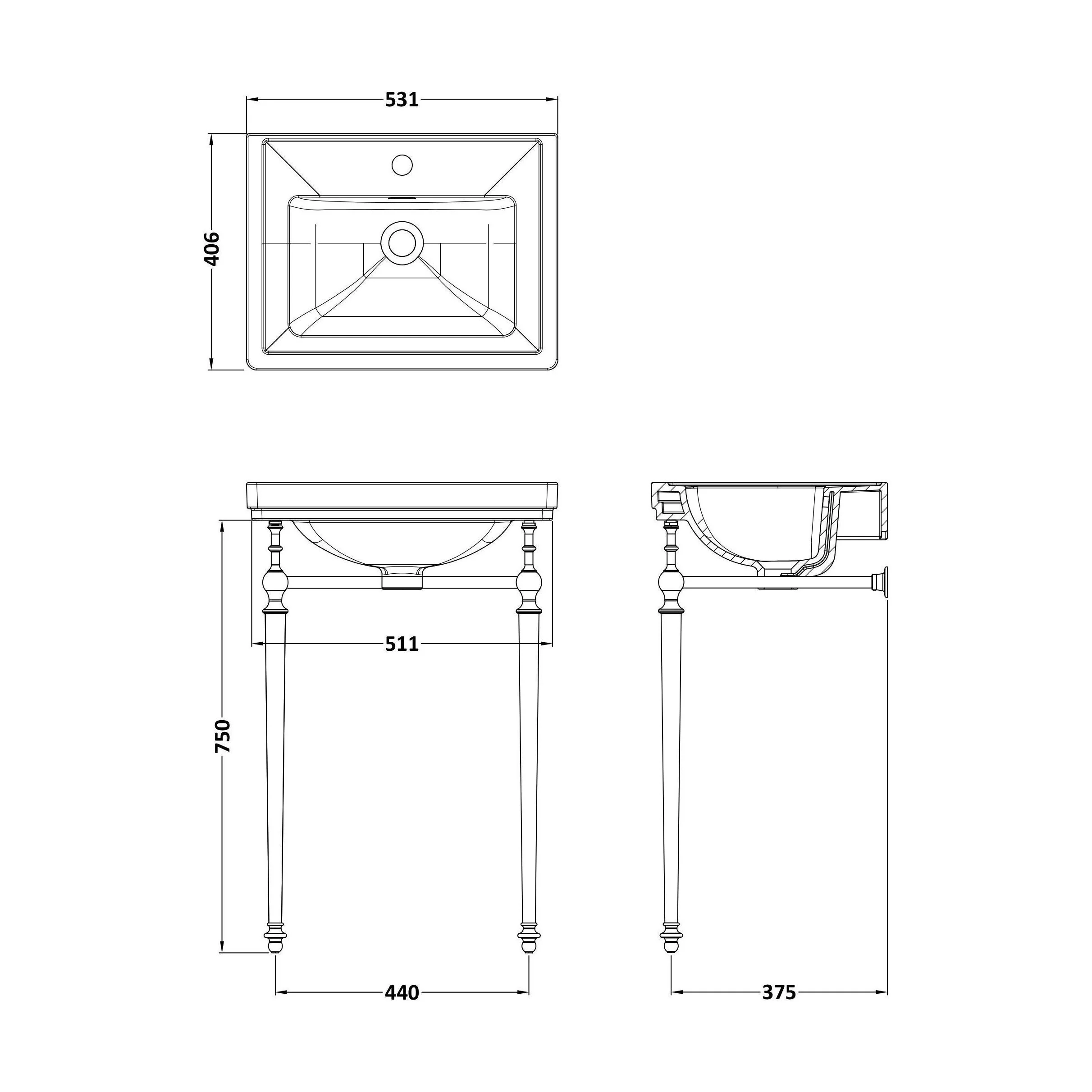Traditional 1 Tap Hole Fireclay Basin with Luxury Wash Stand & Bottle Trap  - 500mm - Chrome - Image 2