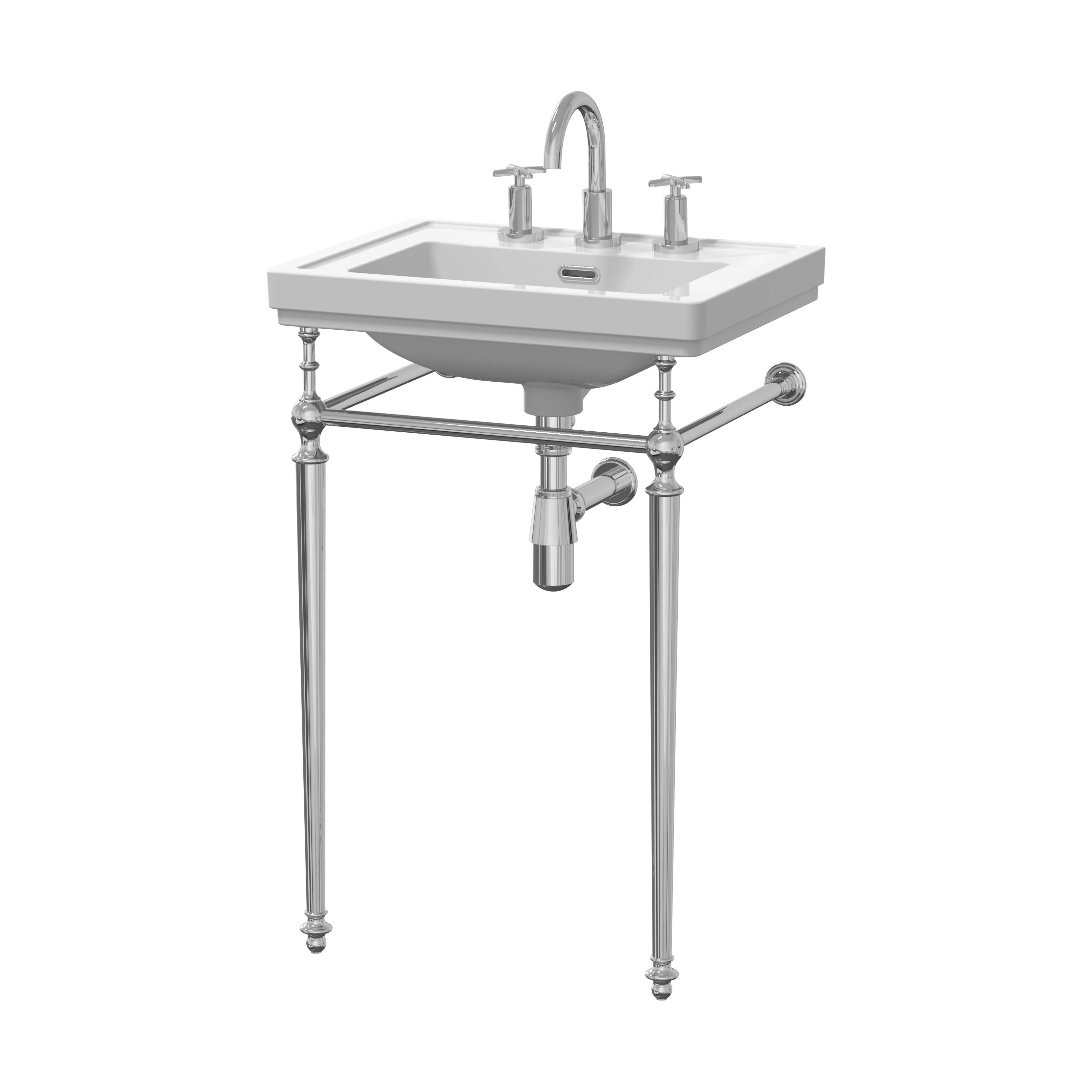 Traditional 3 Tap Hole Fireclay Basin with Luxury Wash Stand & Bottle Trap  - 500mm - Chrome