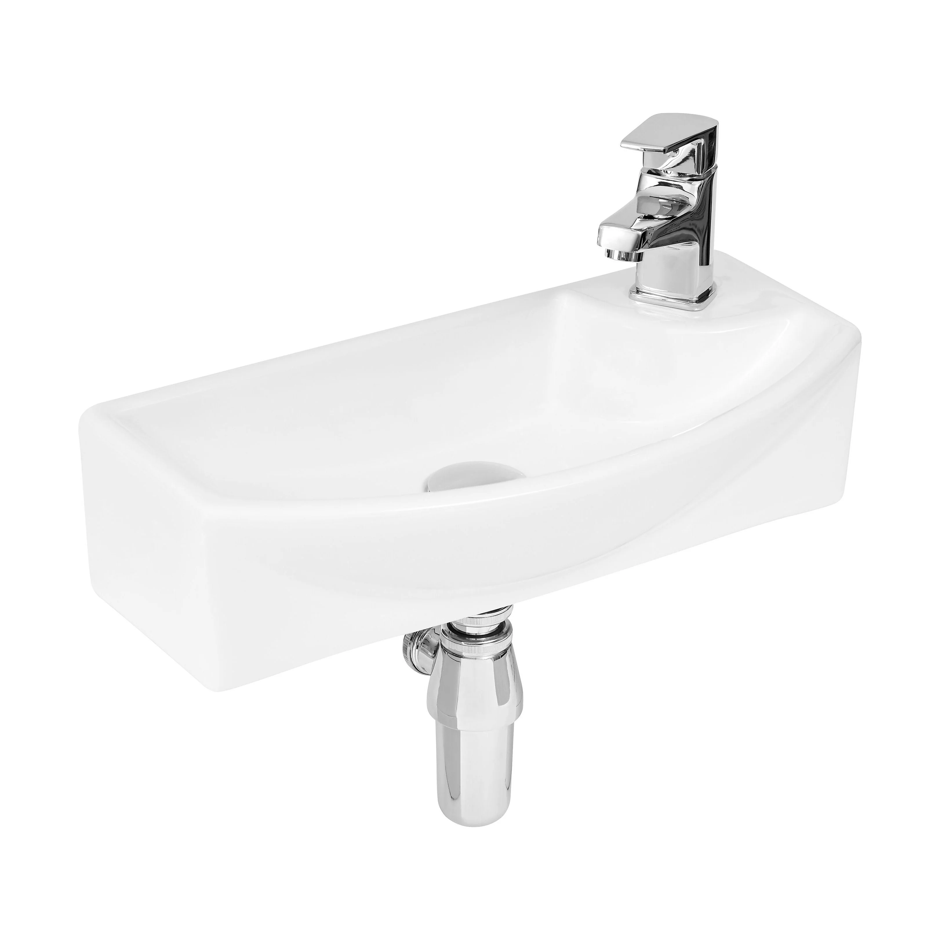 Balterley Modern Bathroom Wall Hung Basin Left Hand 1 Tap Hole, White Vitreous China, Soft Square Design, 450 mm