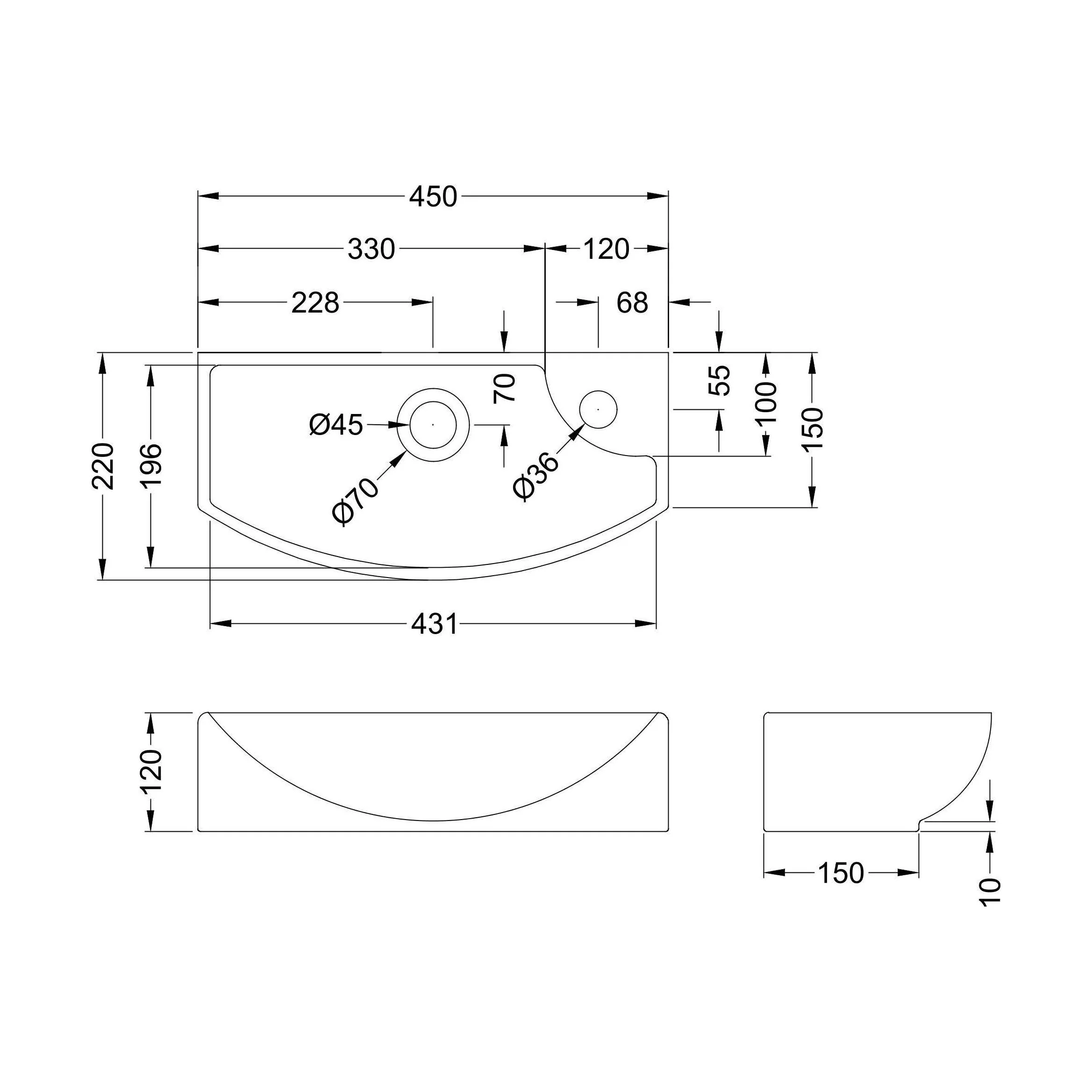 Balterley Modern Bathroom Wall Hung Basin Left Hand 1 Tap Hole, White Vitreous China, Soft Square Design, 450 mm - Image 2