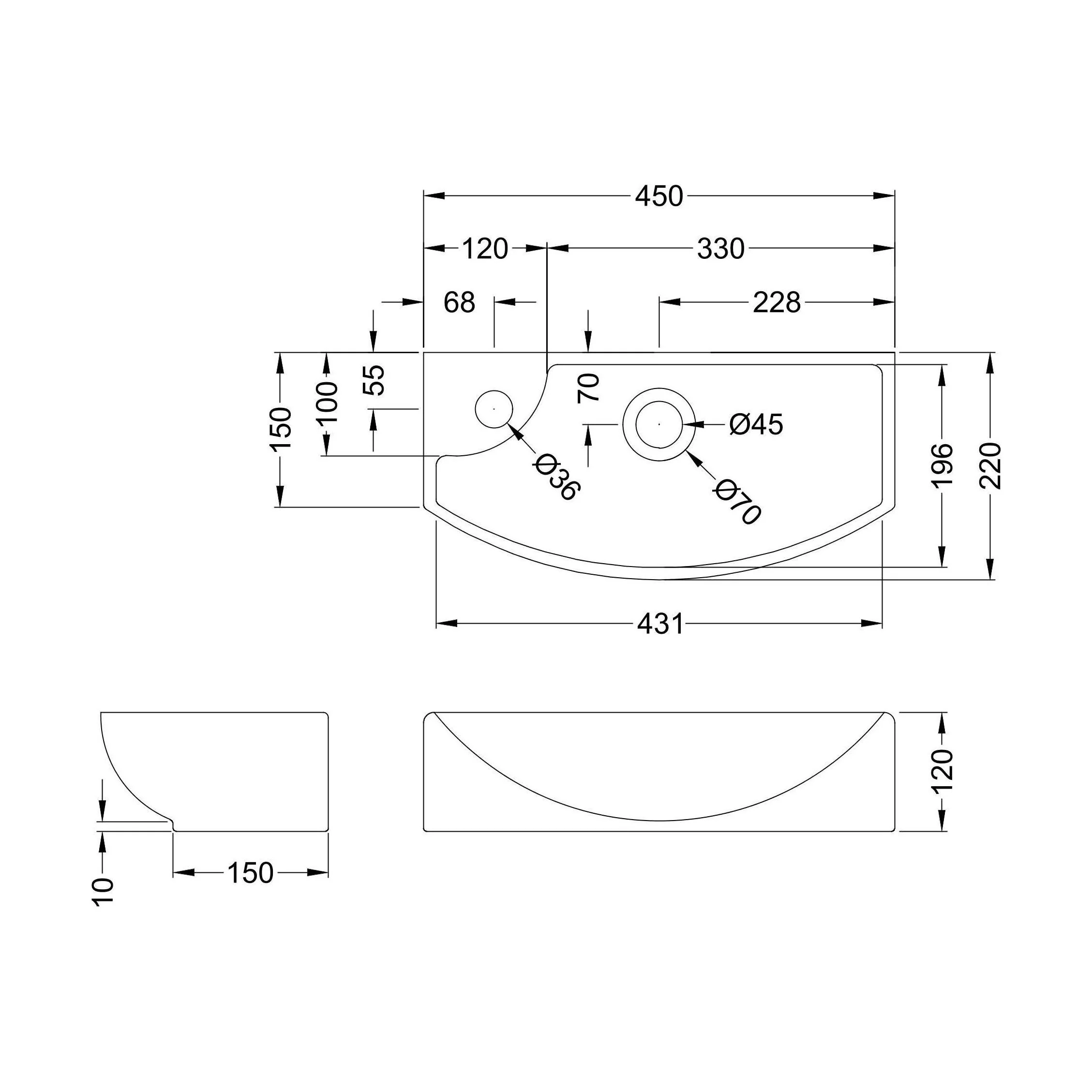 Balterley Modern Bathroom Wall Hung Basin Right Hand 1 Tap Hole, White Vitreous China, Soft Square Design, 450 mm - Image 2