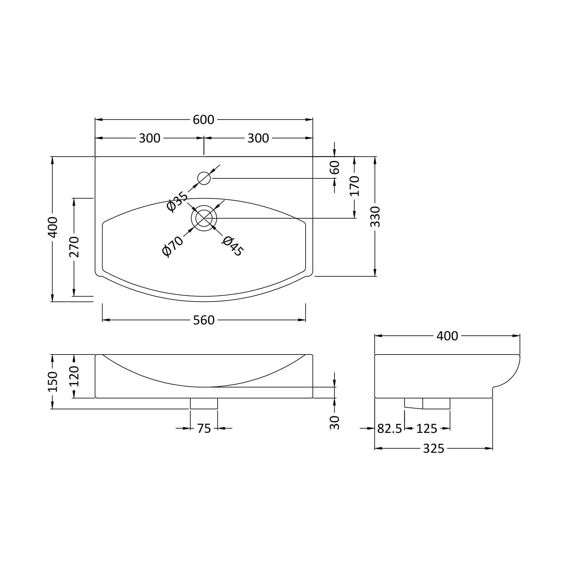 Balterley Modern Bathroom Wall Hung Vessel Basin, Soft Square Design, Contemporary Style, White, 600 mm - Image 2
