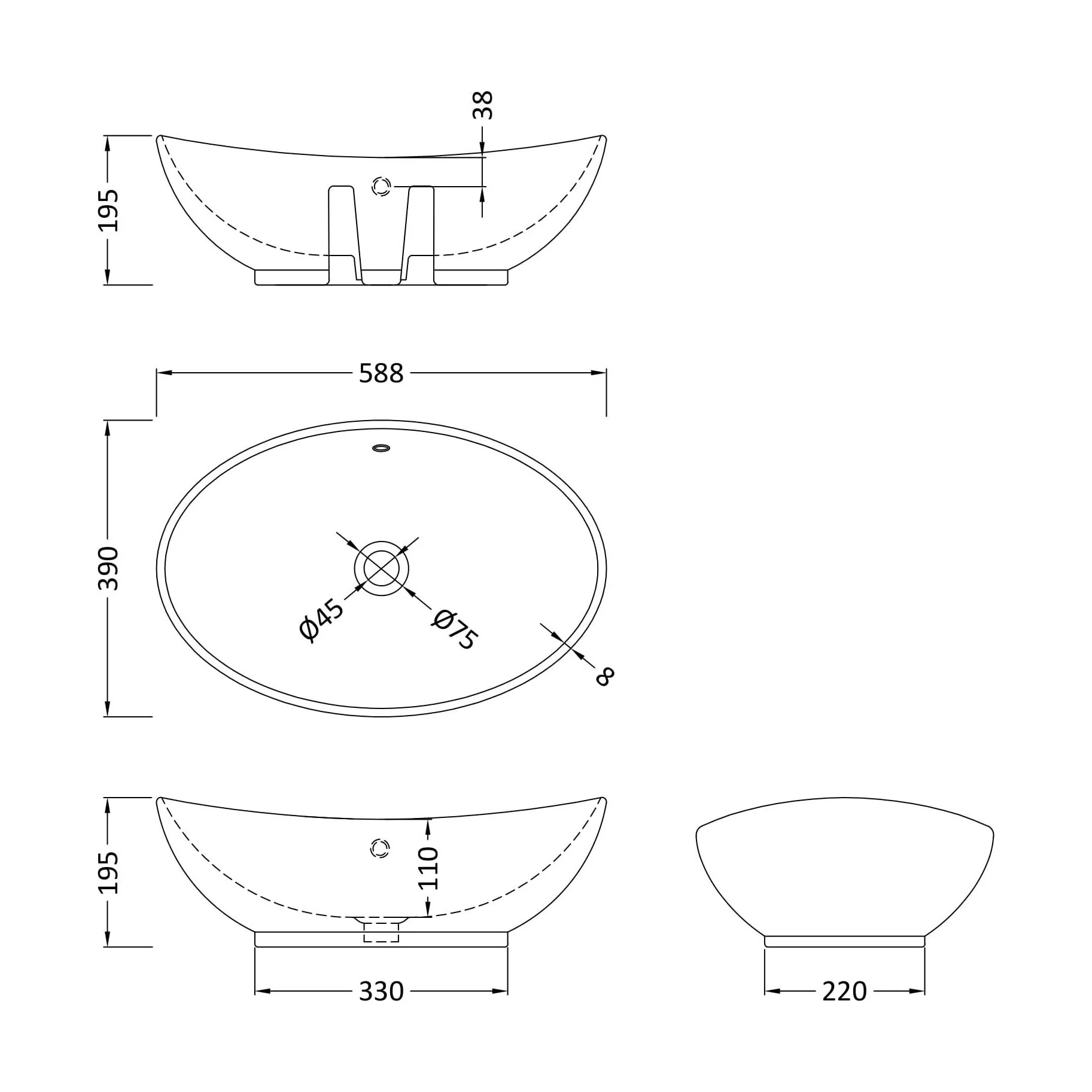 Balterley Modern Bathroom Countertop Vessel Basin, Round, Contemporary Style, White, 588 x 390 x 195 mm - Image 2