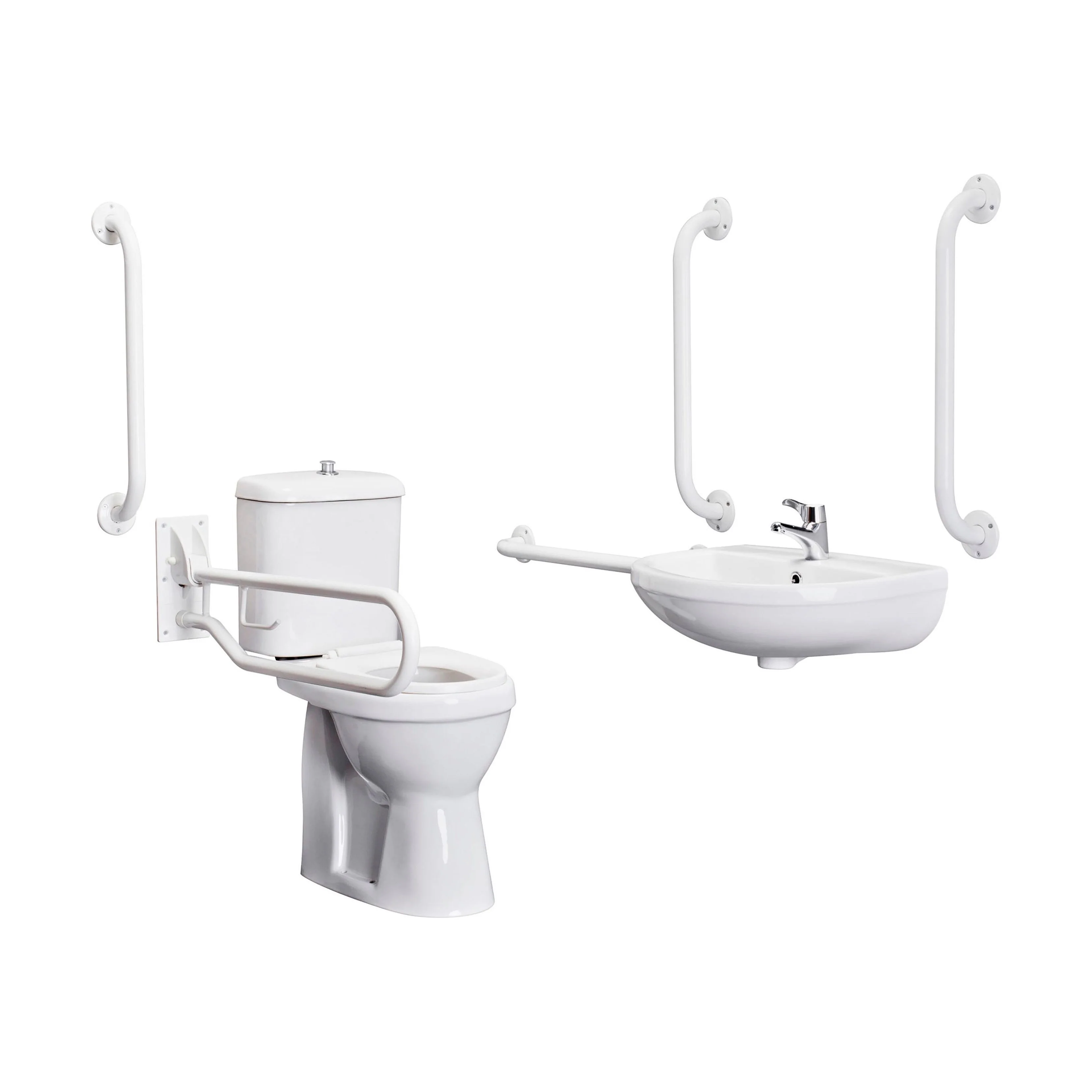 Balterley Accessible Pack: Comfort Height Toilet Pan with Cistern, Wall Hung Basin & Accessories - White