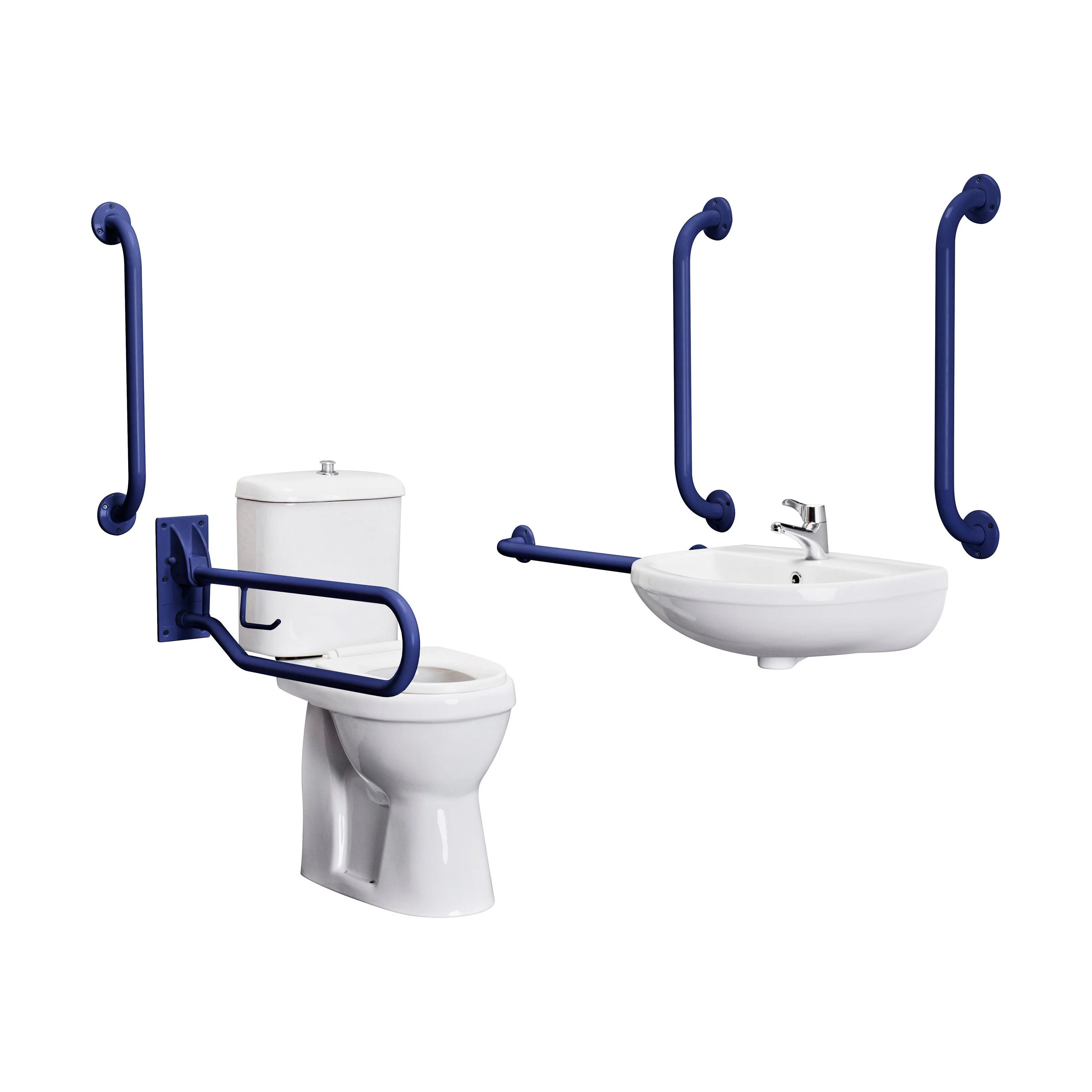 Balterley Accessible Pack: Comfort Height Toilet Pan with Cistern, Wall Hung Basin & Accessories - Blue