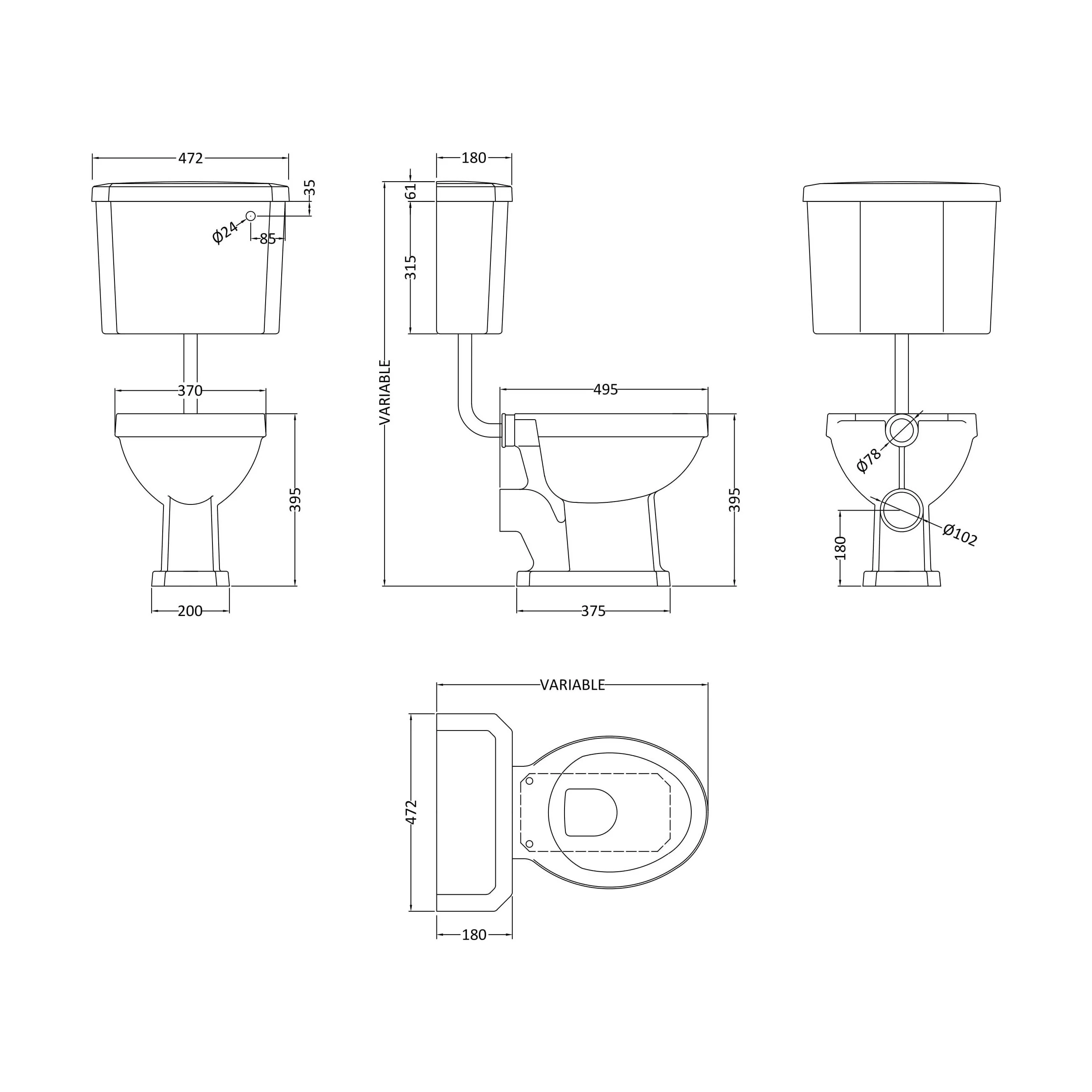 Traditional Classic Low Level Toilet Pan, Cistern and Flush Pipe Kit - Image 5
