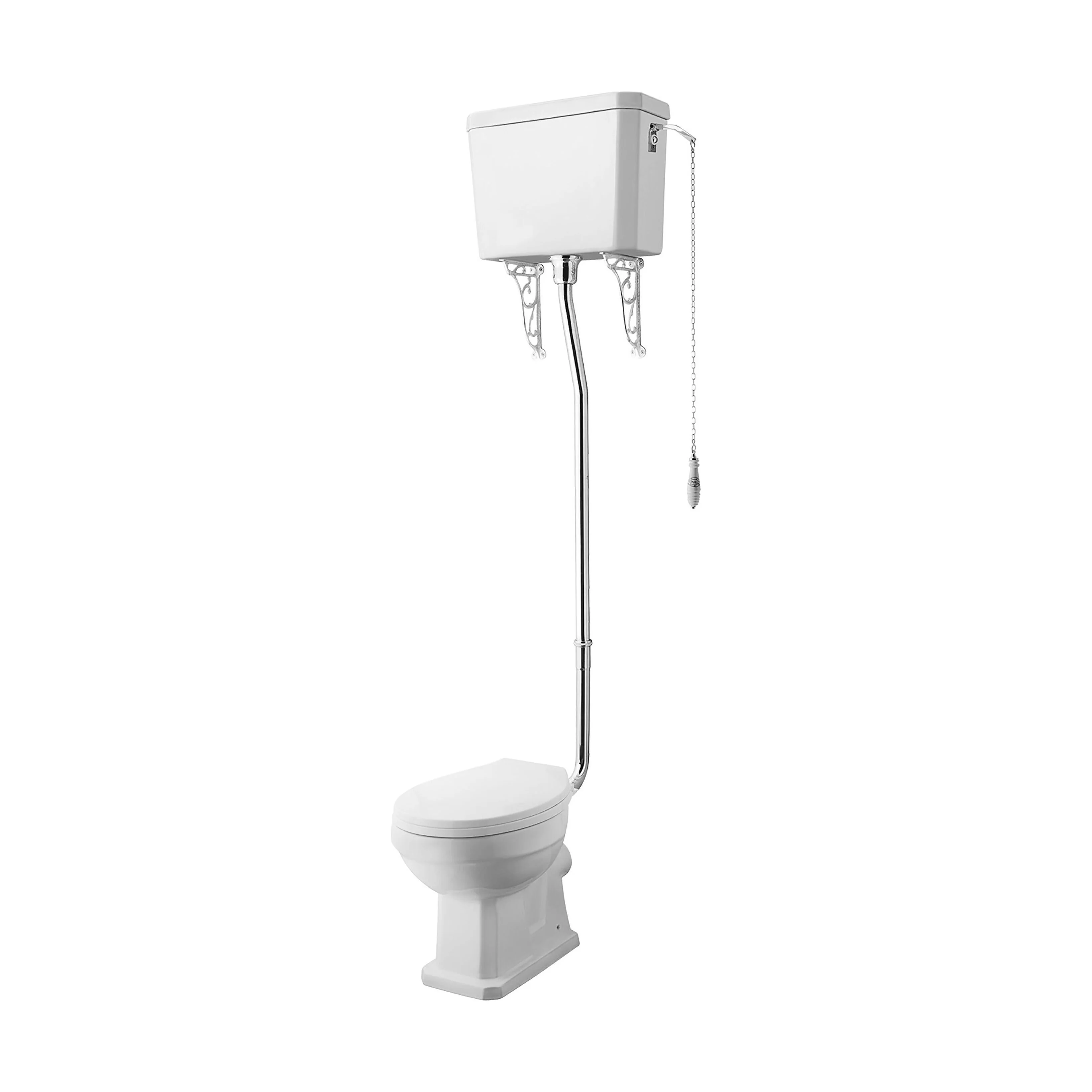 Traditional High Level Toilet Pan, Cistern, Flush Pipe Kit  - White