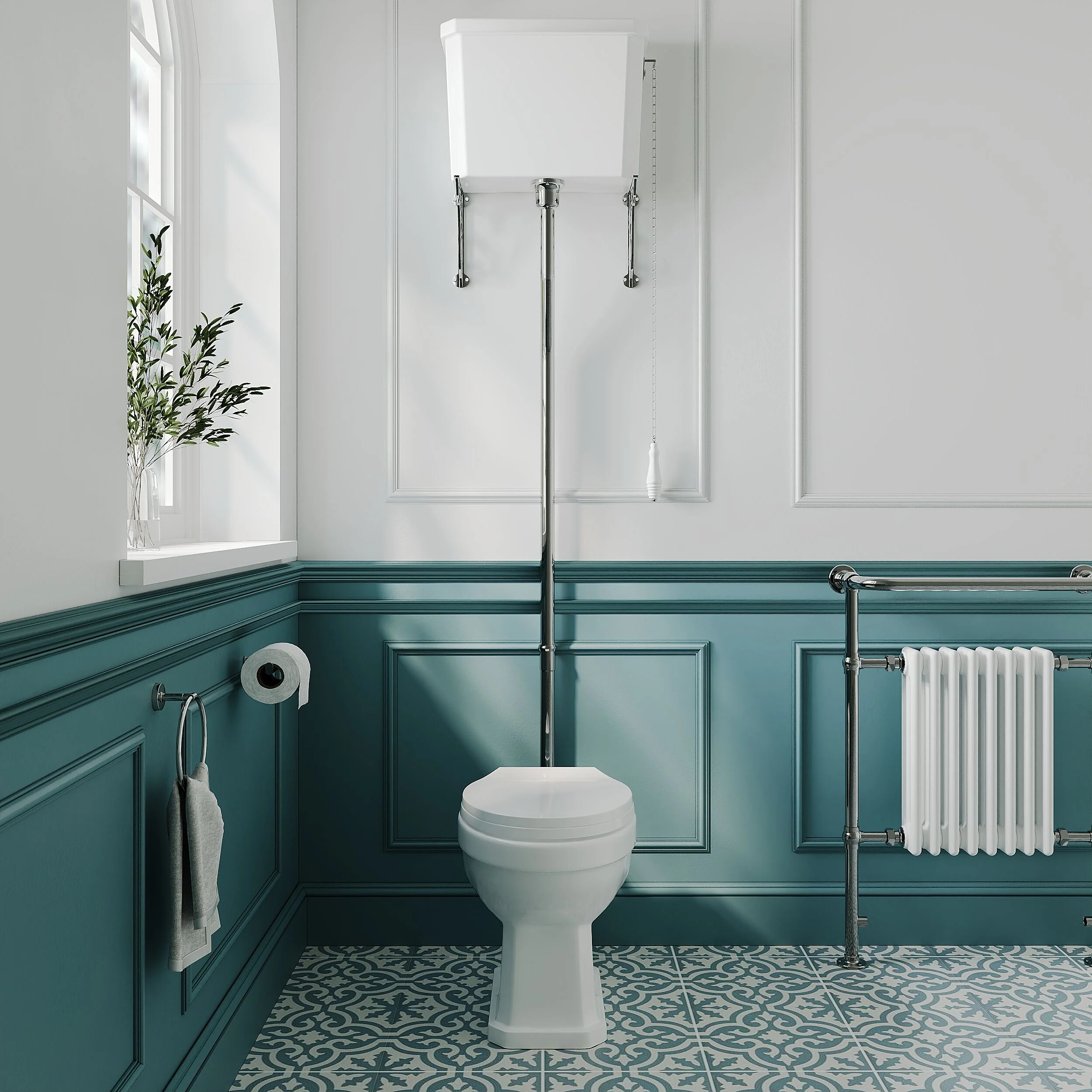 Traditional High Level Toilet Pan, Cistern, Flush Pipe Kit  - White - Image 2