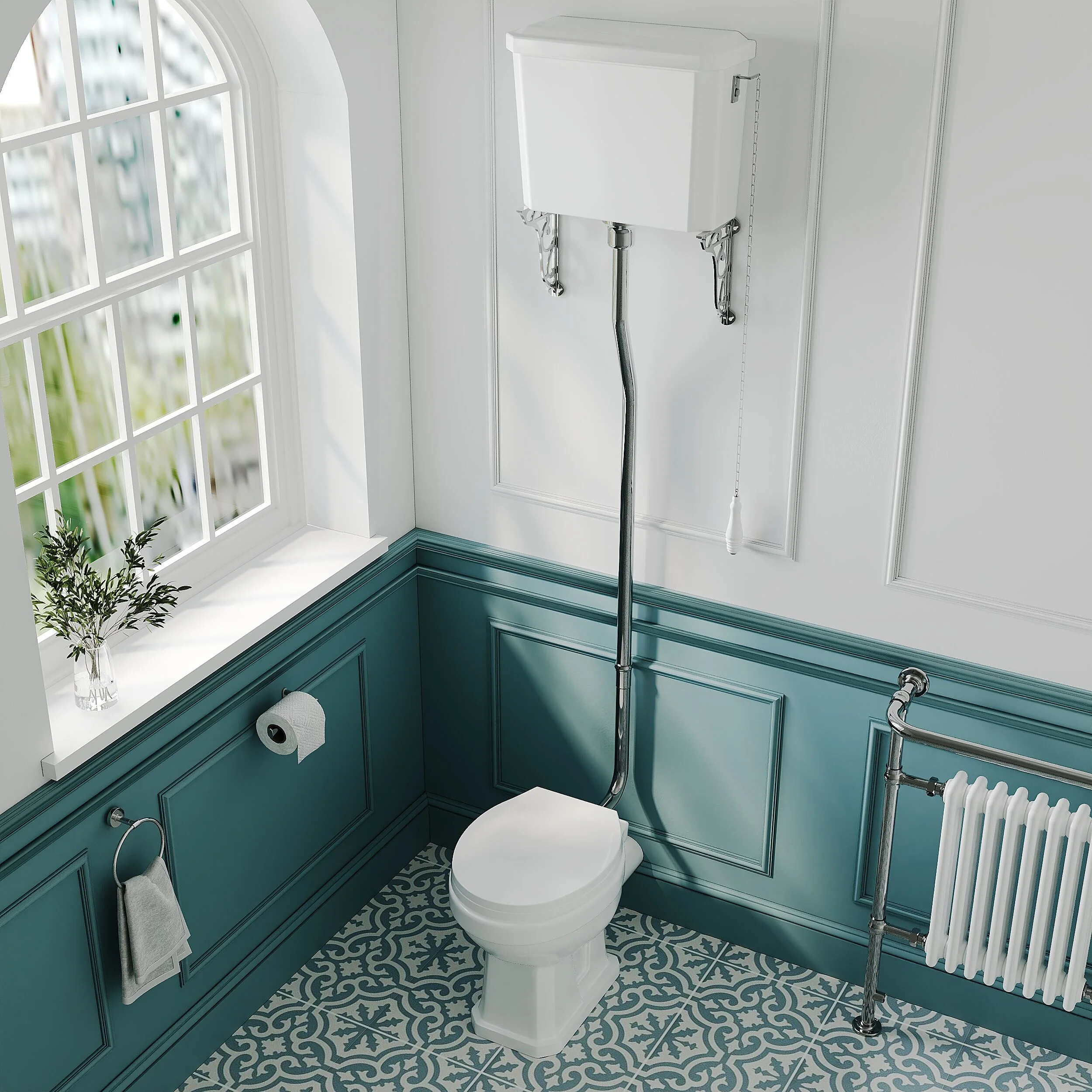 Traditional High Level Toilet Pan, Cistern, Flush Pipe Kit  - White - Image 3