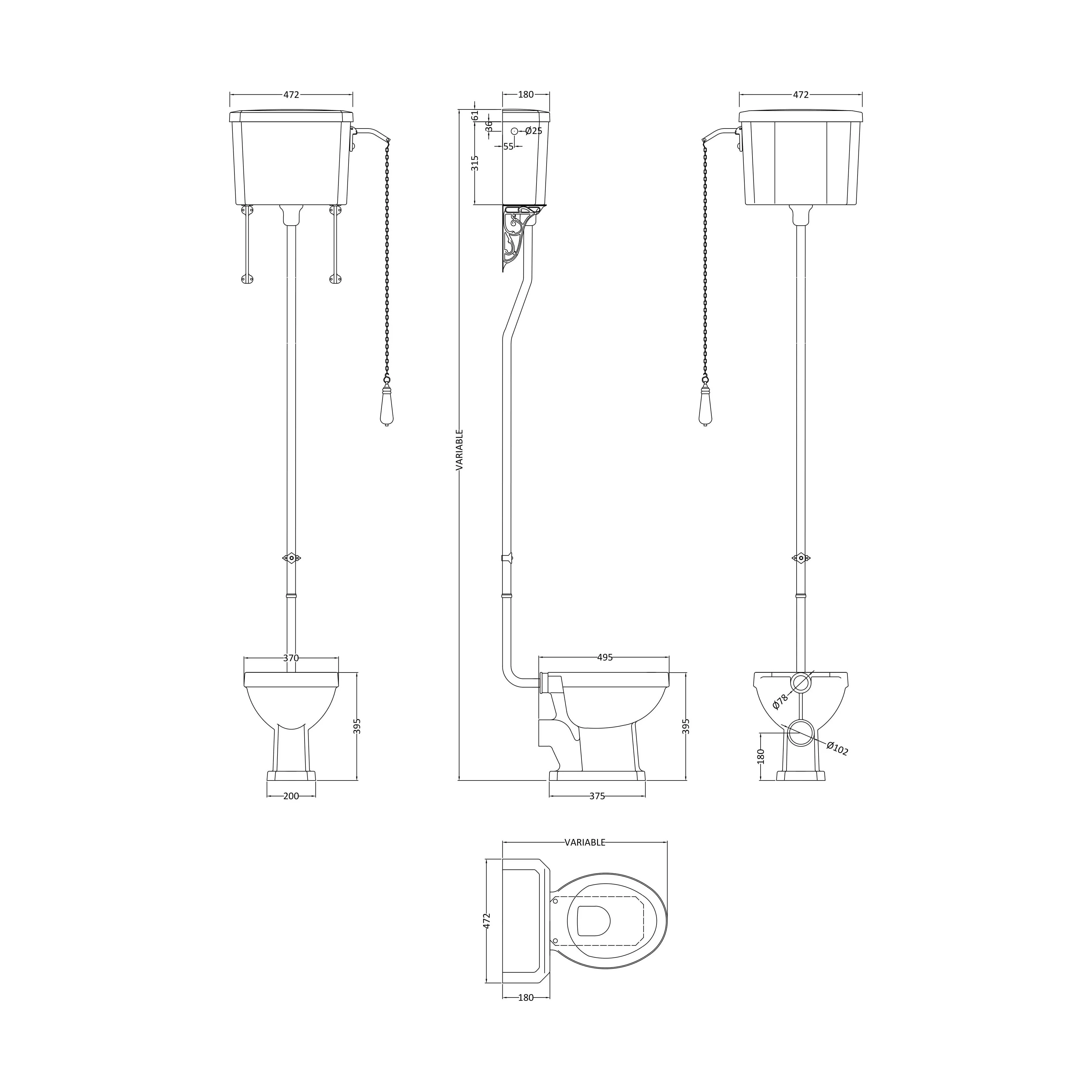 Traditional High Level Toilet Pan, Cistern, Flush Pipe Kit  - White - Image 5