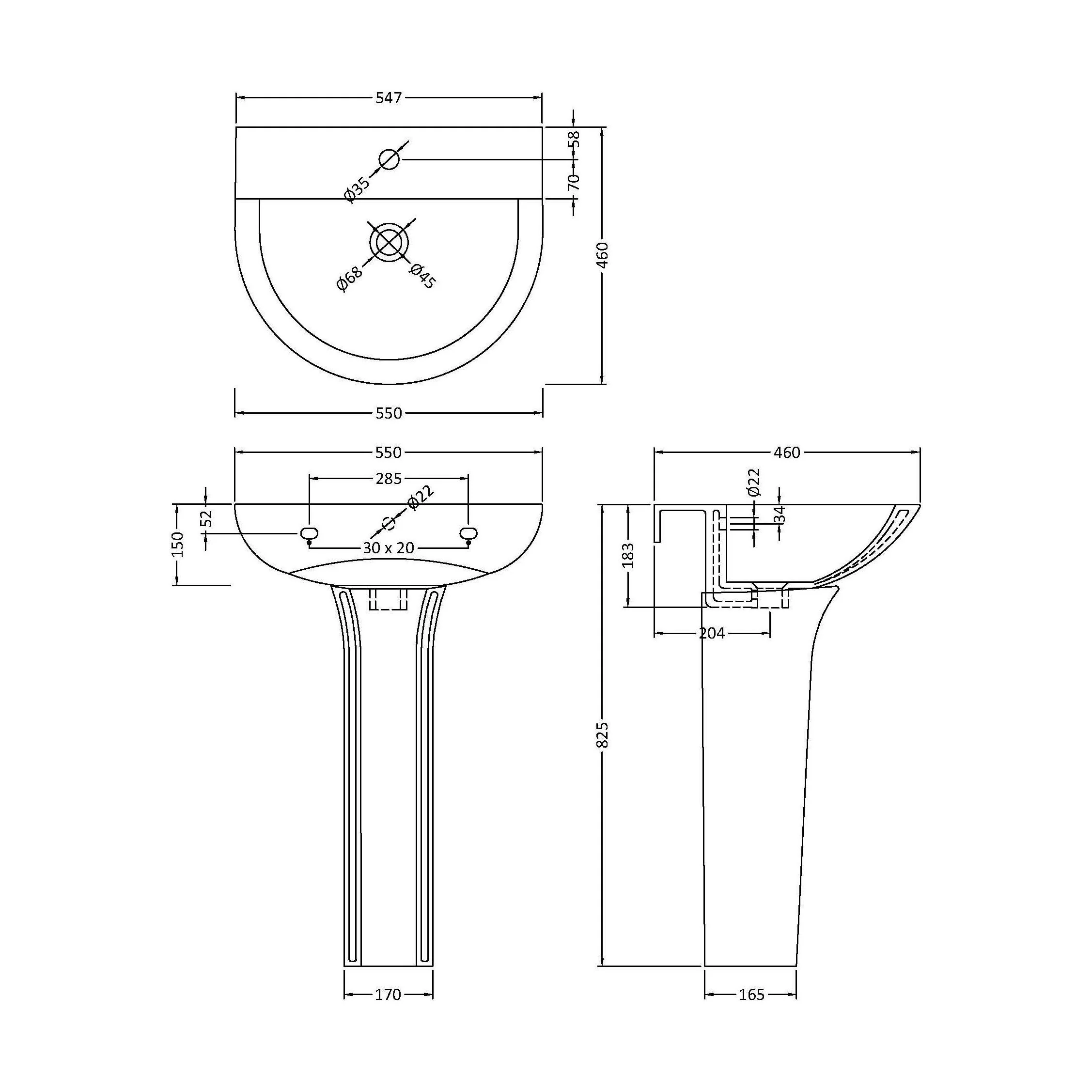 1 Tap Hole Round Ceramic Basin & Full Pedestal - 560mm - Image 6