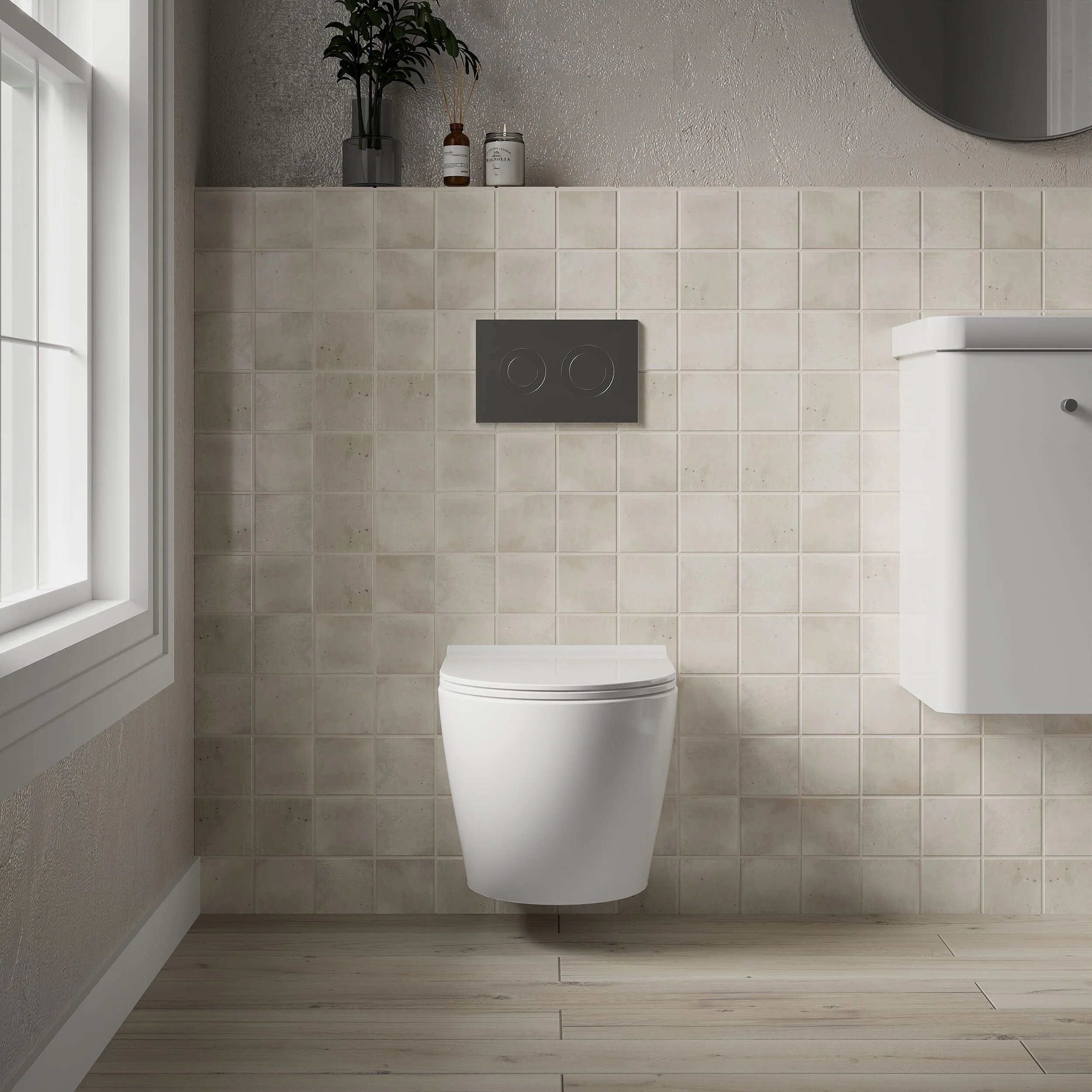 Rimless Wall Hung Toilet Pan & Soft Close Sandwich Seat - 360mm x 360mm x 482mm - Image 2