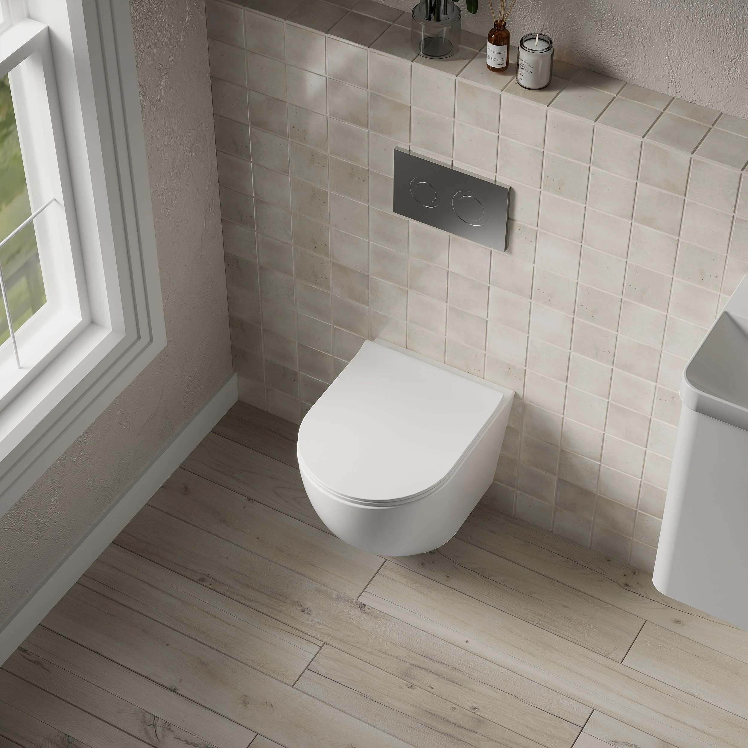 Rimless Wall Hung Toilet Pan & Soft Close Sandwich Seat - 360mm x 360mm x 482mm - Image 3