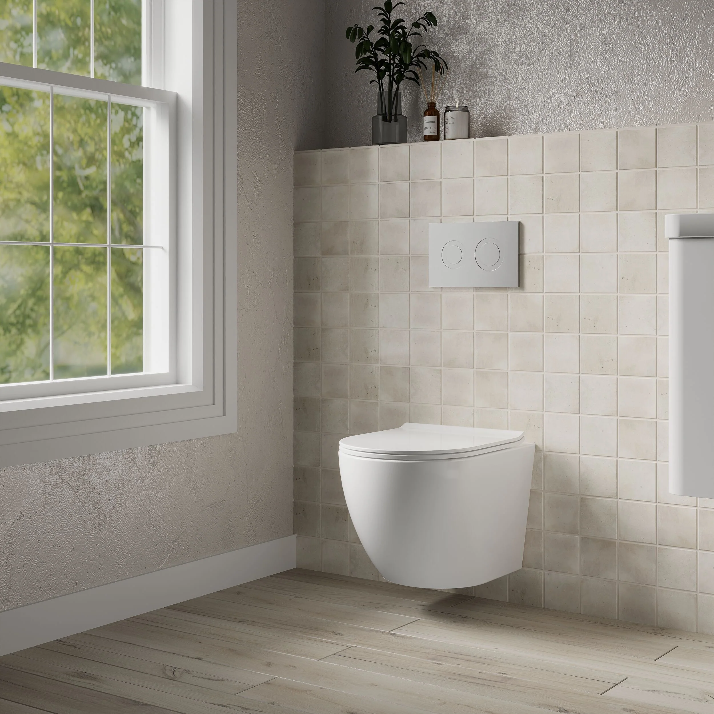 Rimless Wall Hung Toilet Pan & Soft Close Sandwich Seat - 360mm x 360mm x 482mm - Image 4