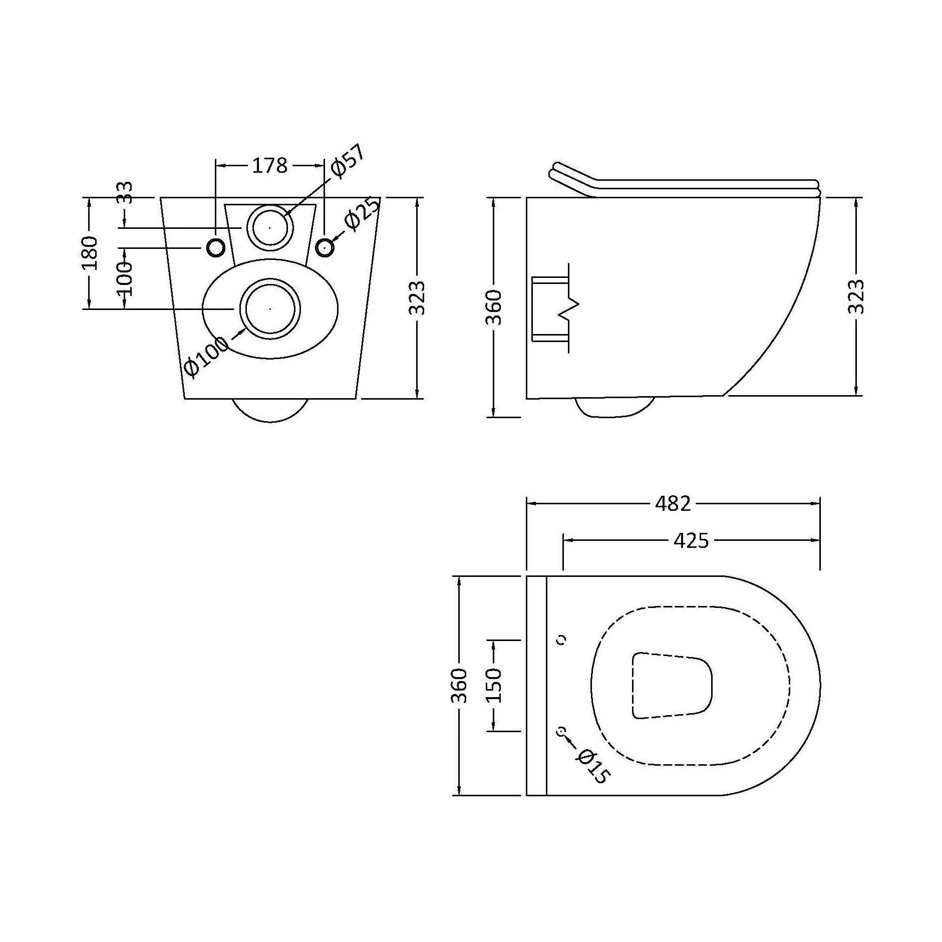 Rimless Wall Hung Toilet Pan & Soft Close Sandwich Seat - 360mm x 360mm x 482mm - Image 6