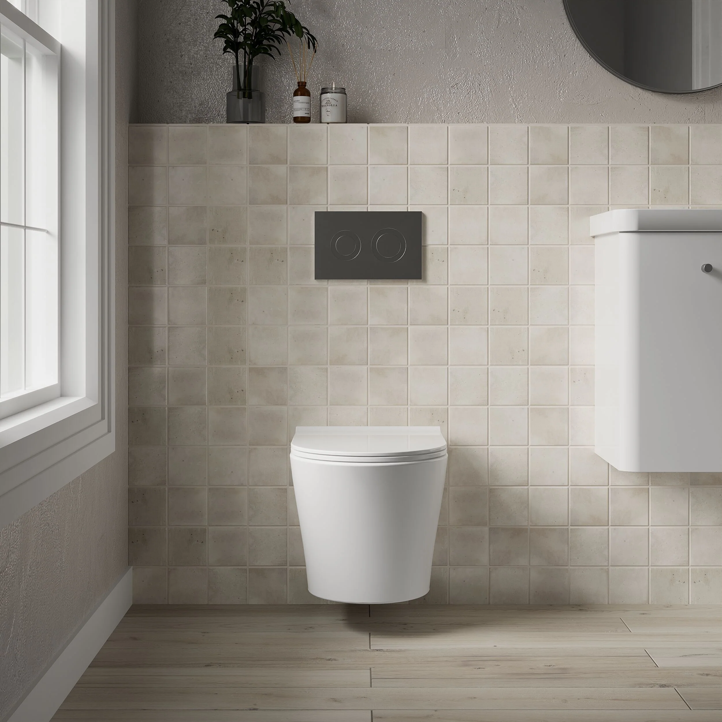 Rimless Wall Hung Toilet Pan & Soft Close Sandwich Seat - 363mm x 365mm x 475mm - Image 2