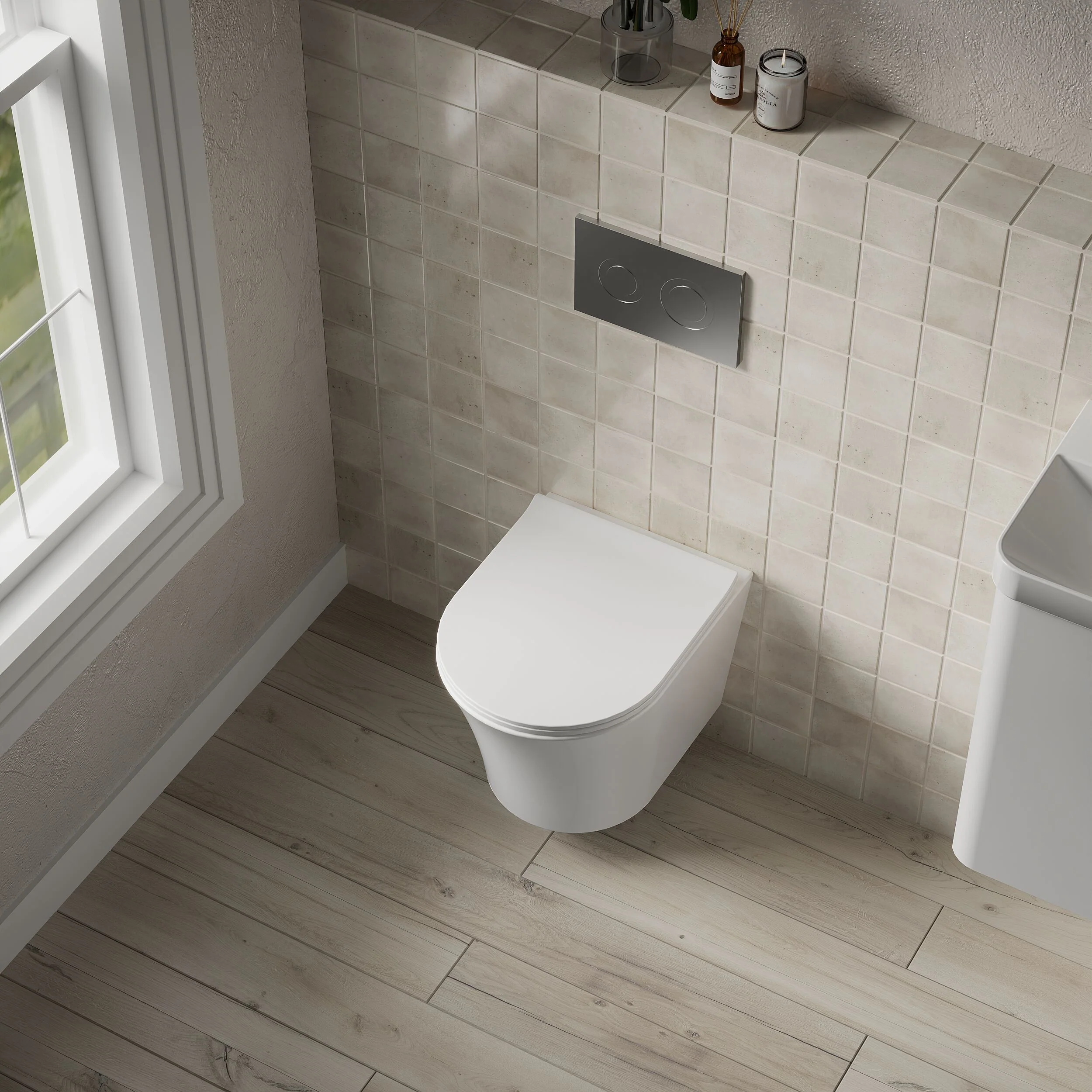 Rimless Wall Hung Toilet Pan & Soft Close Sandwich Seat - 363mm x 365mm x 475mm - Image 3