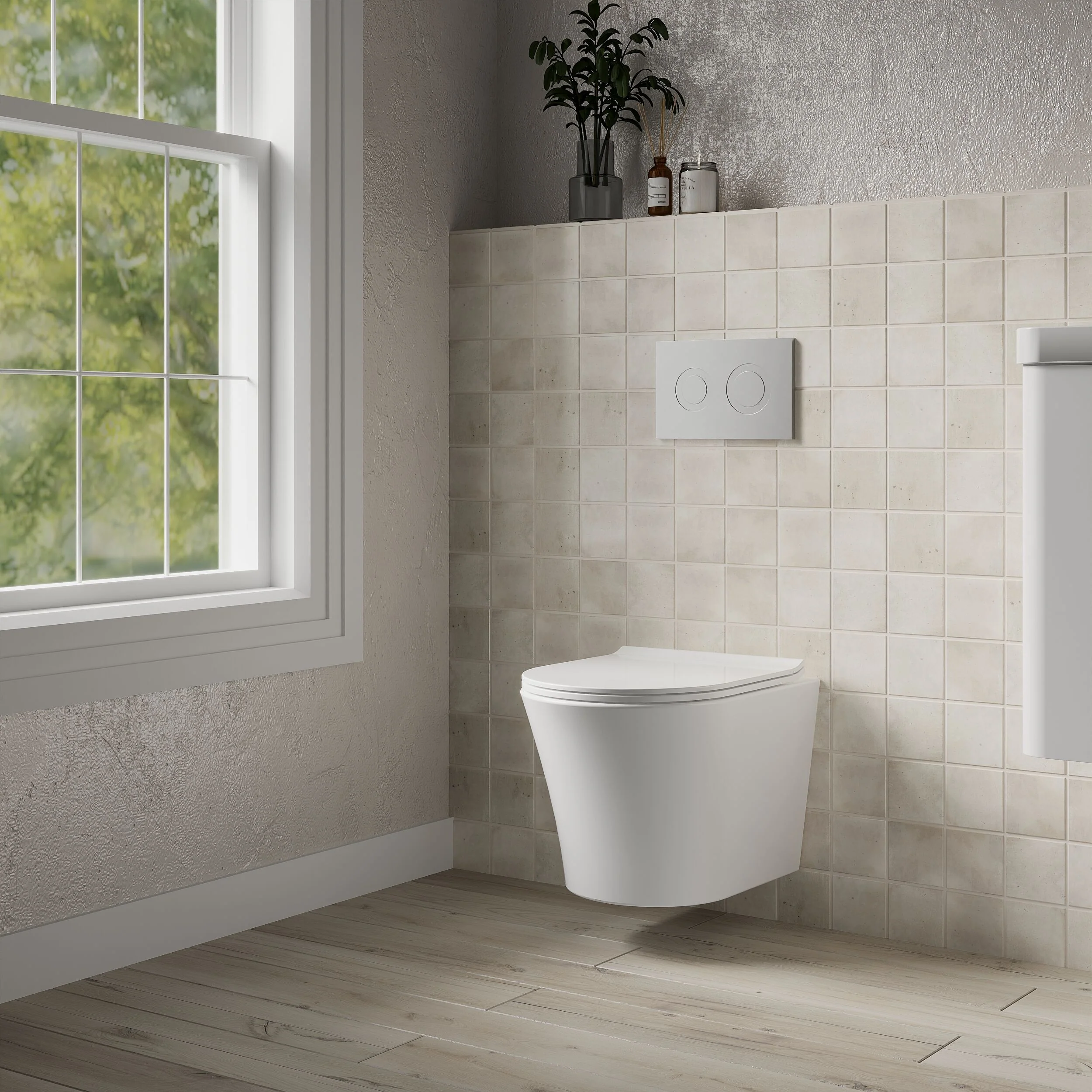 Rimless Wall Hung Toilet Pan & Soft Close Sandwich Seat - 363mm x 365mm x 475mm - Image 4