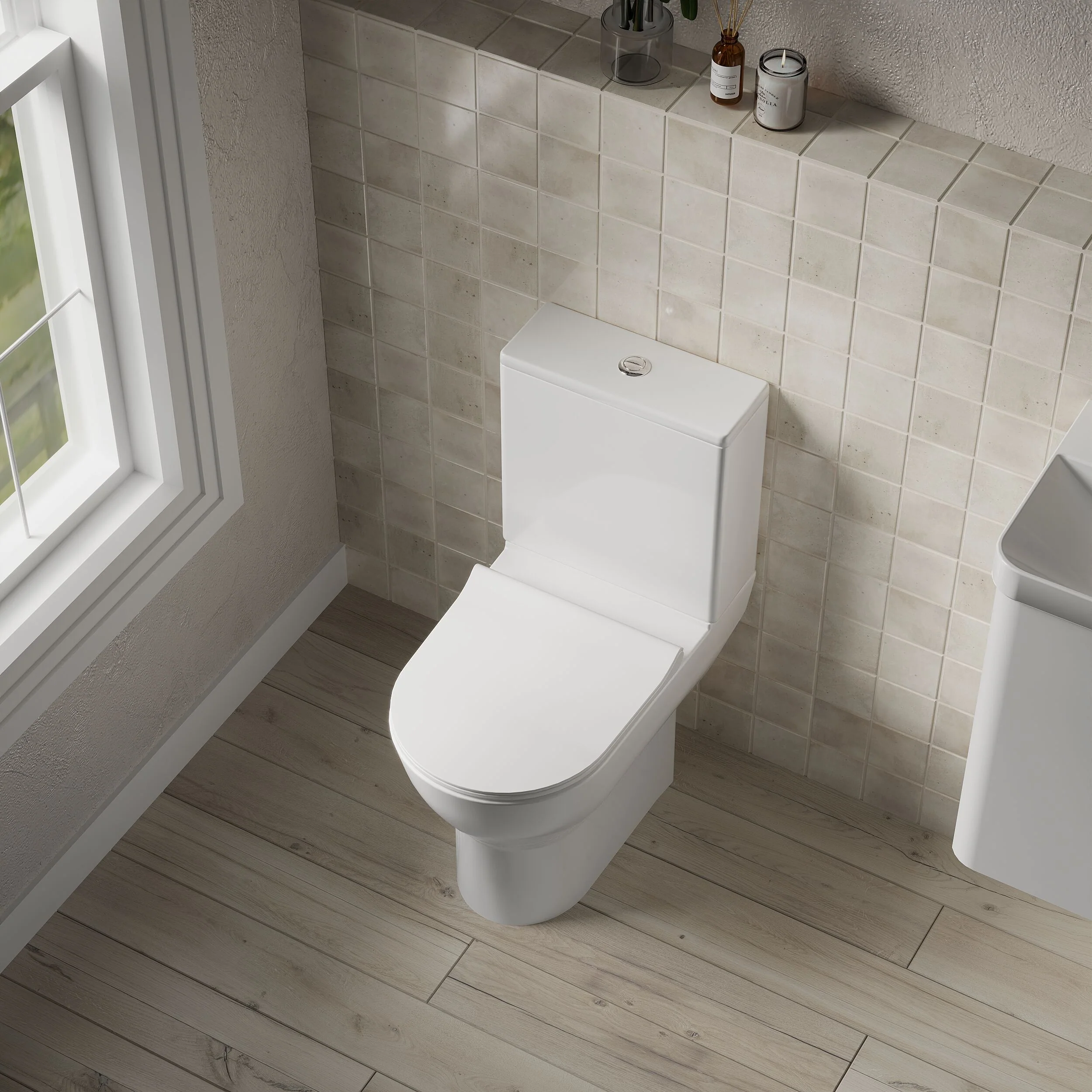 Compact Rimless Toilet Pan, Cistern and Soft Close Sandwich Seat - 800mm x 375mm x 610mm - Image 3