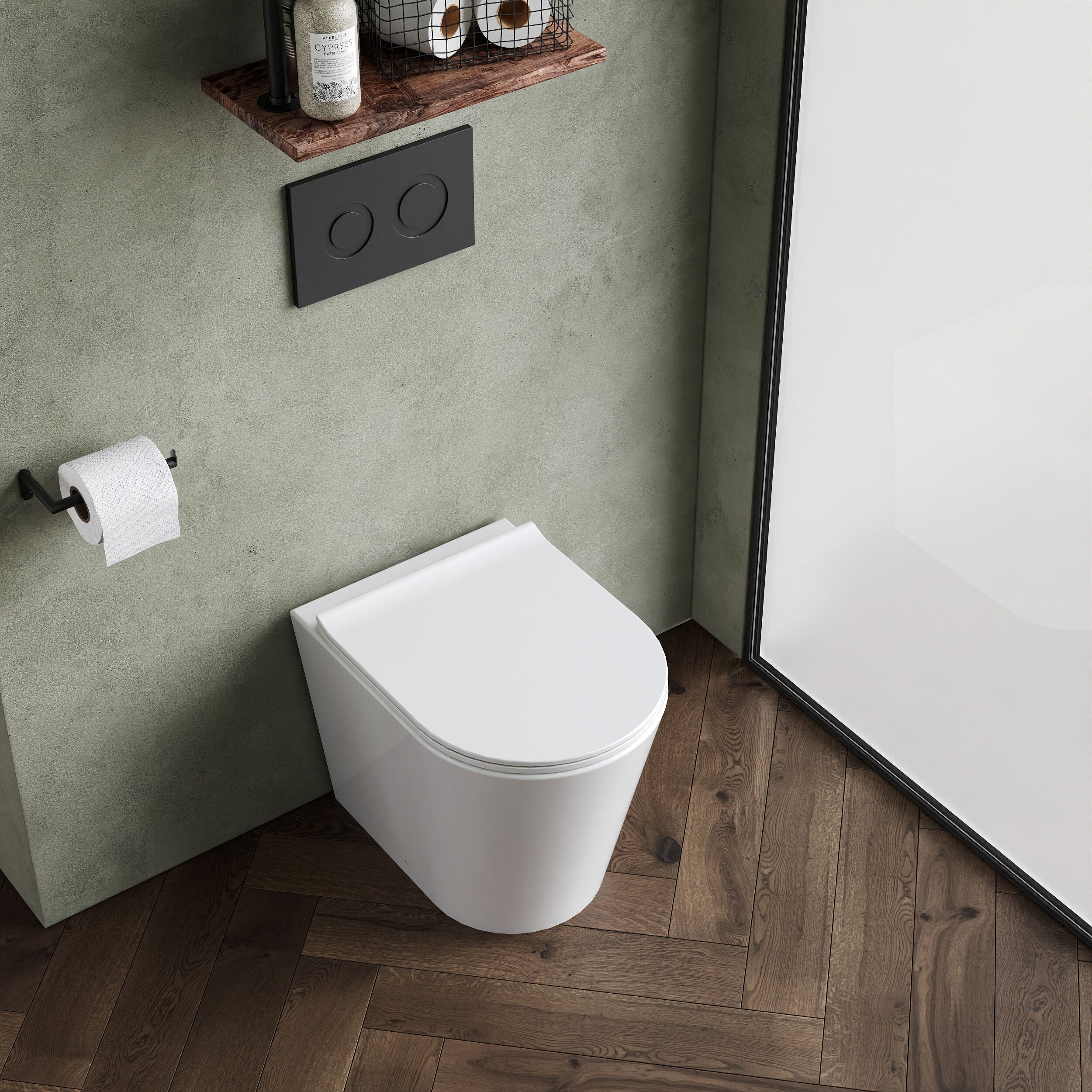 Contemporary Round Rimless Back to Wall Toilet Pan with Soft Close Sandwich Seat - Image 3