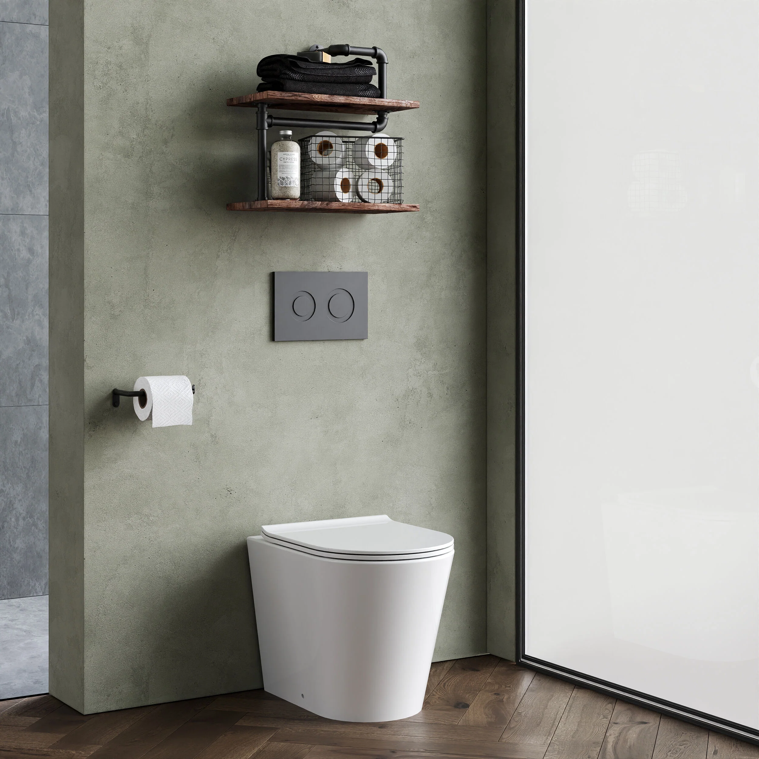 Contemporary Round Rimless Back to Wall Toilet Pan with Soft Close Sandwich Seat - Image 4