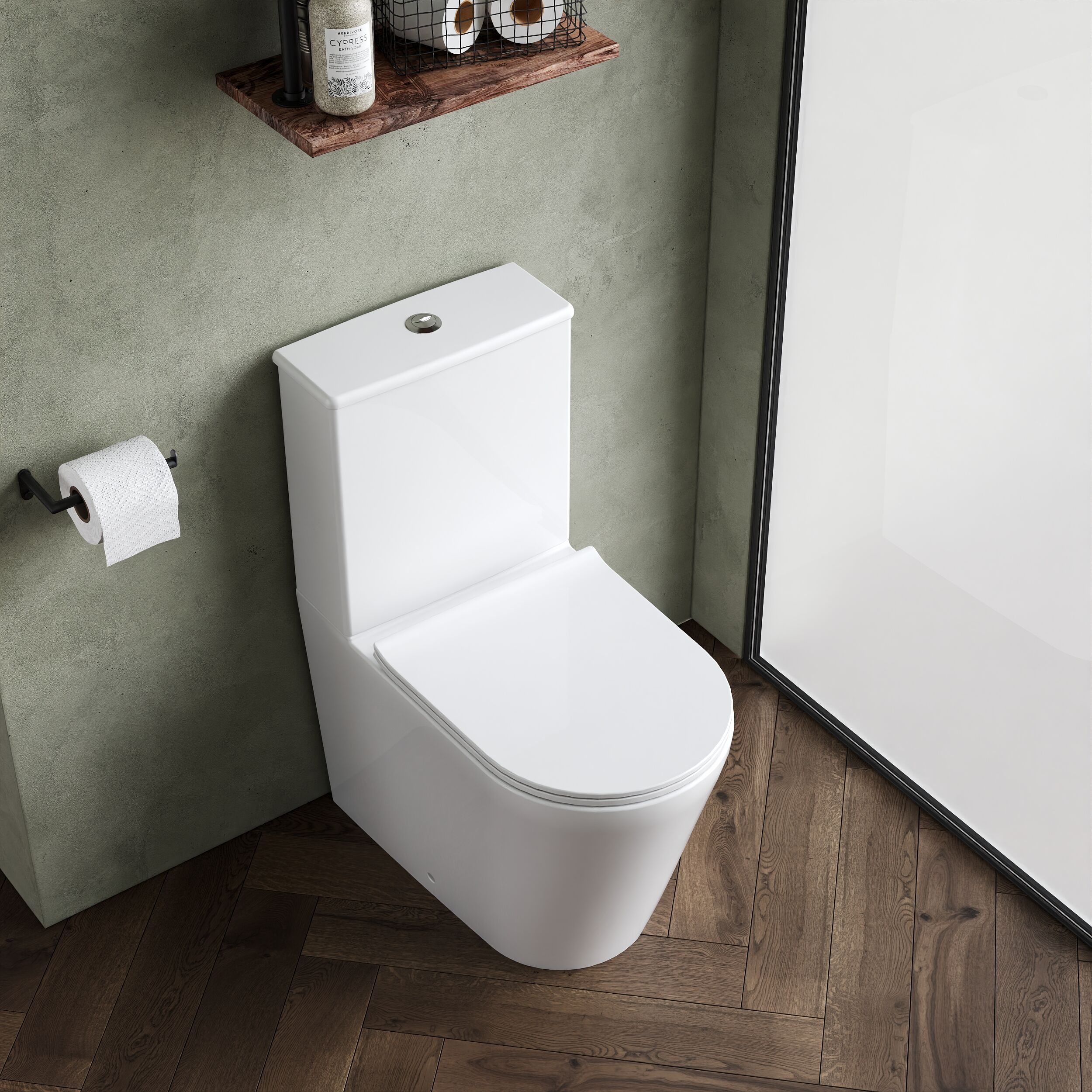 Compact Rimless Flush to Wall Toilet Pan, Cistern & Soft Close Sandwich Seat - 798mm x 385mm x 612mm - Image 3