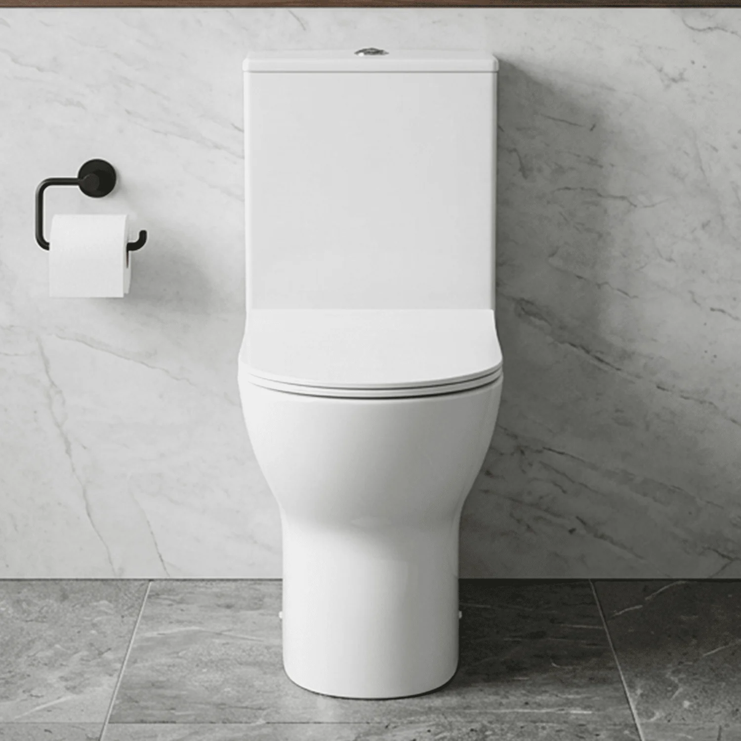 Rimless Flush to Wall Close Coupled Toilet Pan, Cistern & Soft Close Sandwich Seat - 806mm x 375mm x 612mm