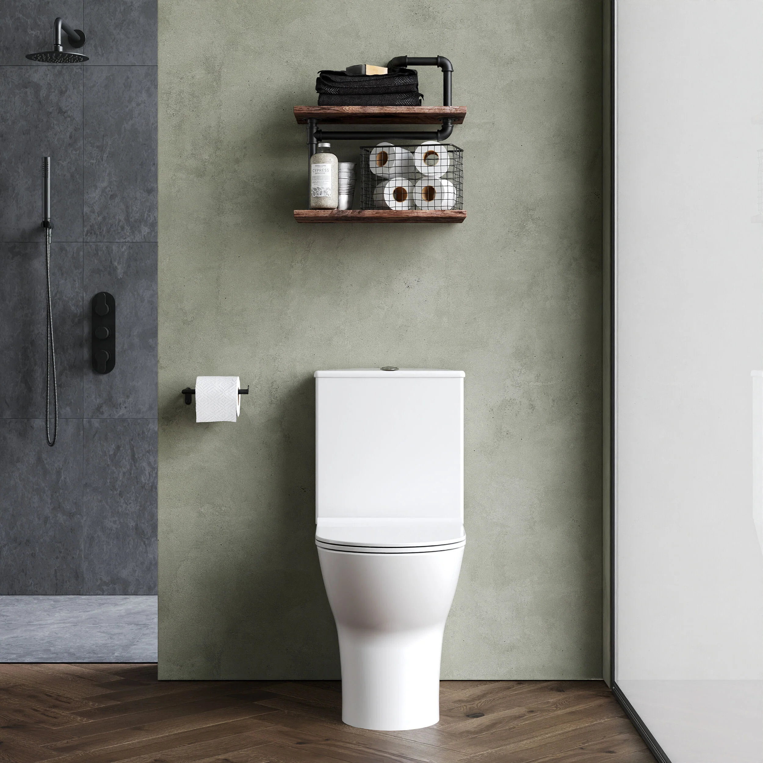 Rimless Flush to Wall Close Coupled Toilet Pan, Cistern & Soft Close Sandwich Seat - 806mm x 375mm x 612mm - Image 2