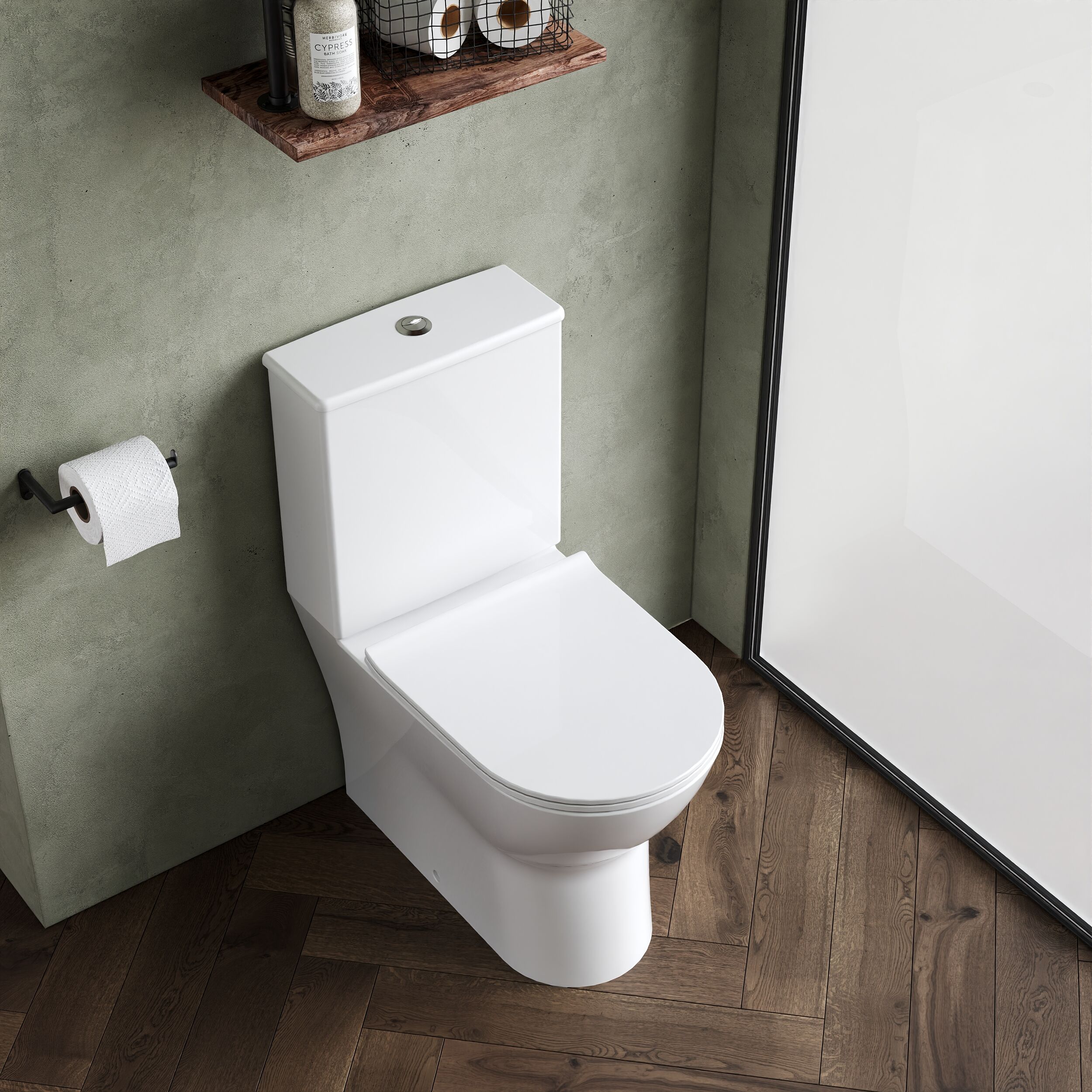 Rimless Flush to Wall Close Coupled Toilet Pan, Cistern & Soft Close Sandwich Seat - 806mm x 375mm x 612mm - Image 3