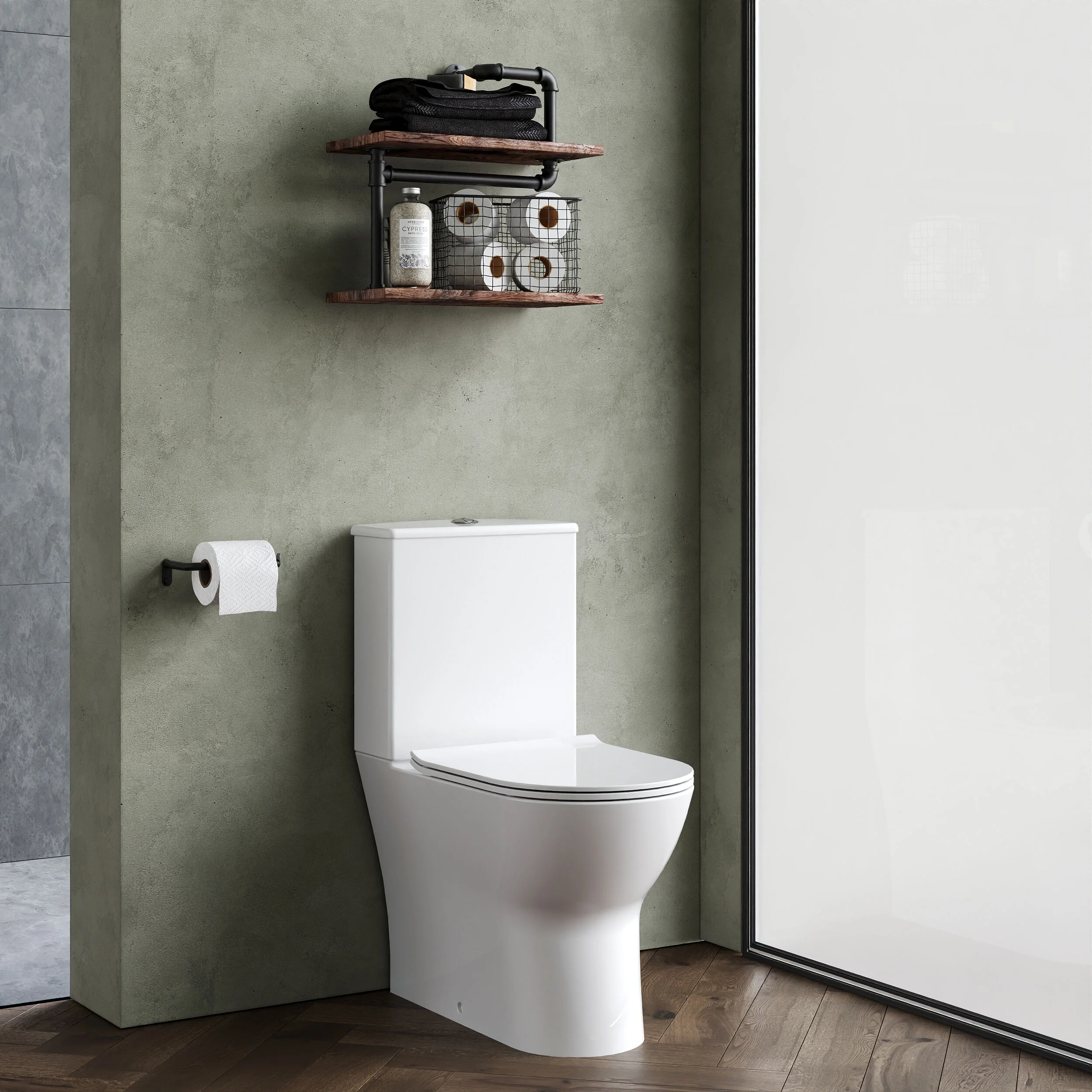 Rimless Flush to Wall Close Coupled Toilet Pan, Cistern & Soft Close Sandwich Seat - 806mm x 375mm x 612mm - Image 4