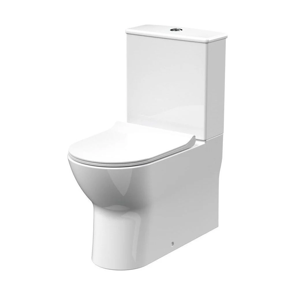 Rimless Flush to Wall Close Coupled Toilet Pan, Cistern & Soft Close Sandwich Seat - 806mm x 375mm x 612mm - Image 5