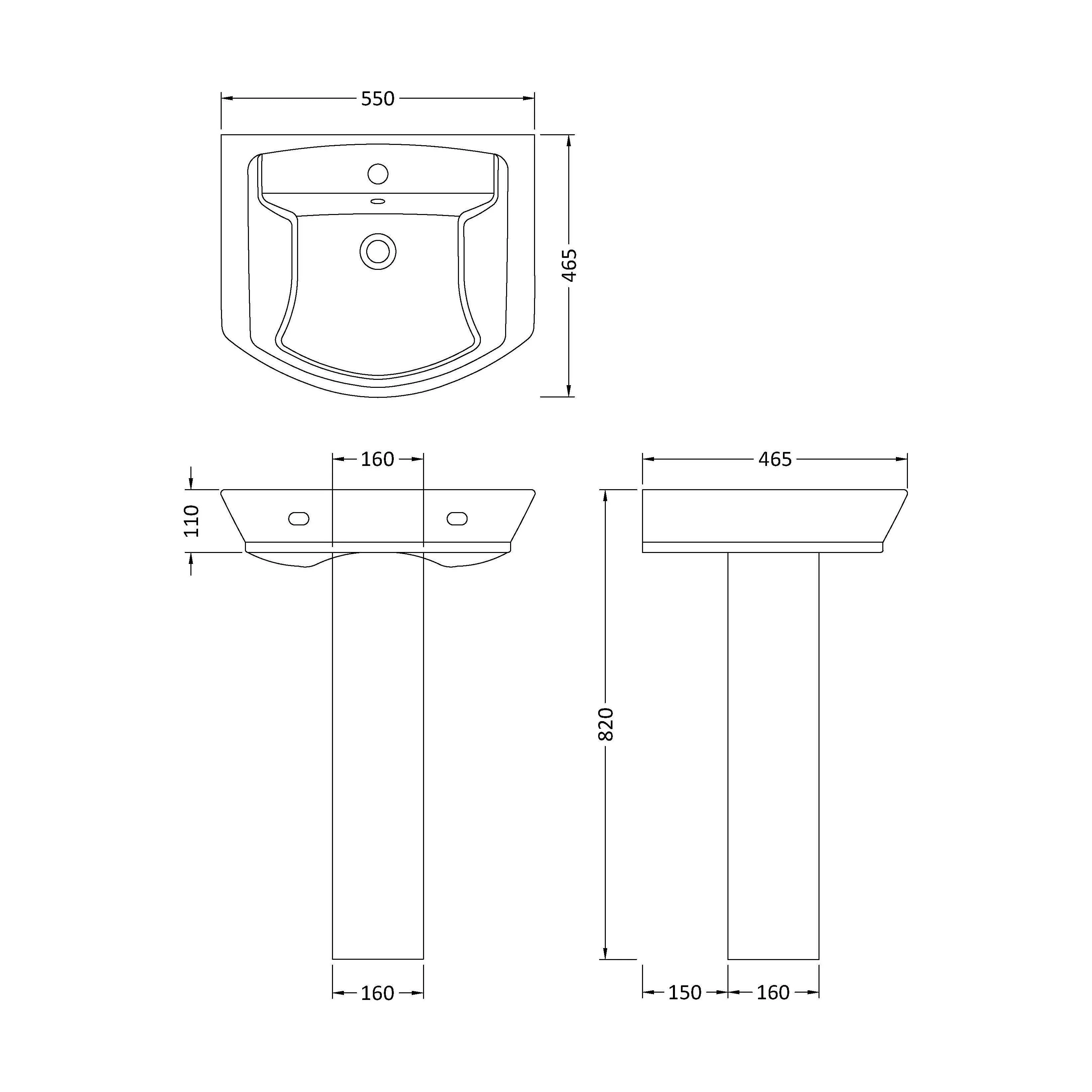 Spirit Soft Square 1 Tap Hole Ceramic Basin & Full Pedestal, 550mm - Balterley - Image 2