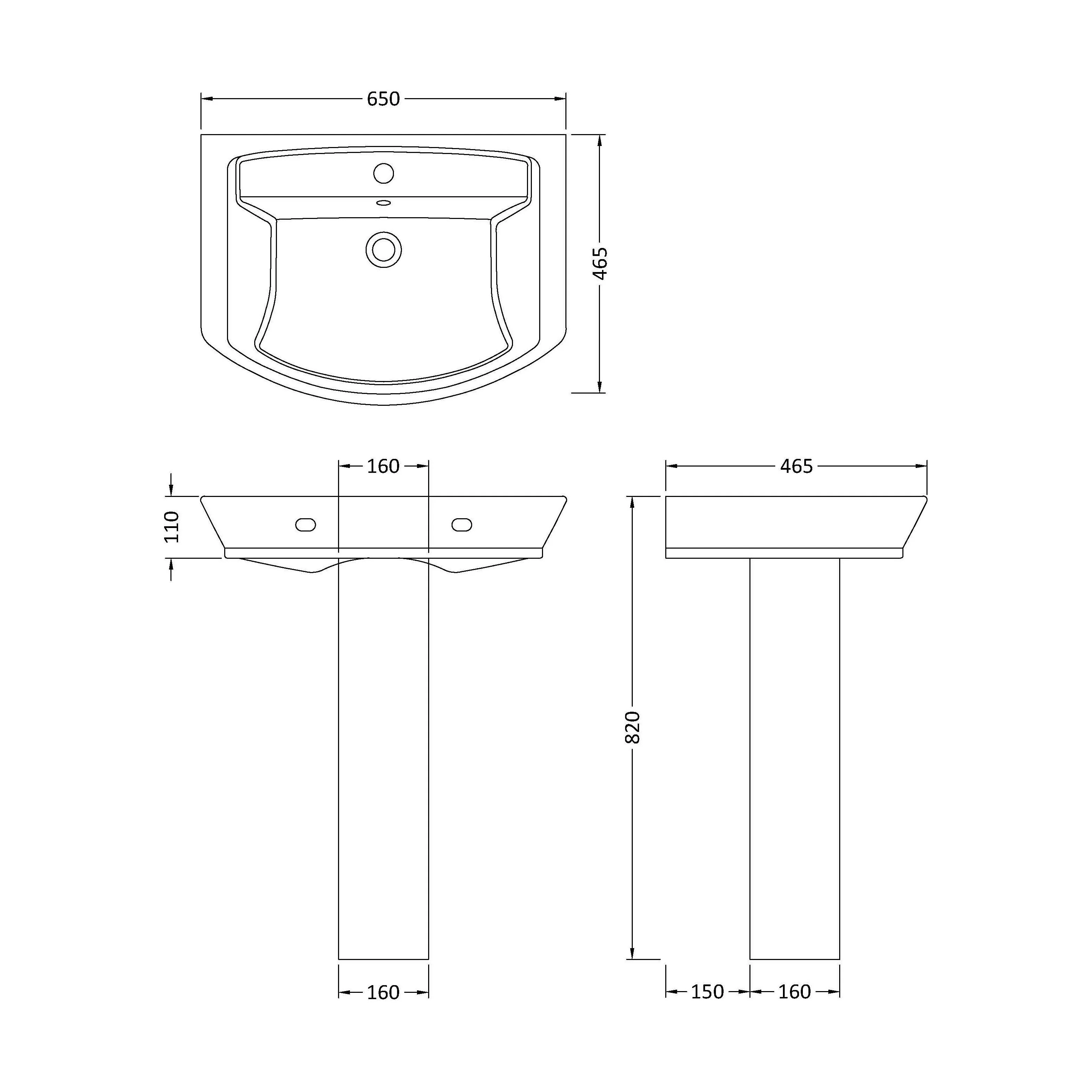 Spirit Ceramic Square Basin with Full Pedestal, 650mm - Modern Bathroom Sink Design (Tap Not Included) by Balterley - Image 2