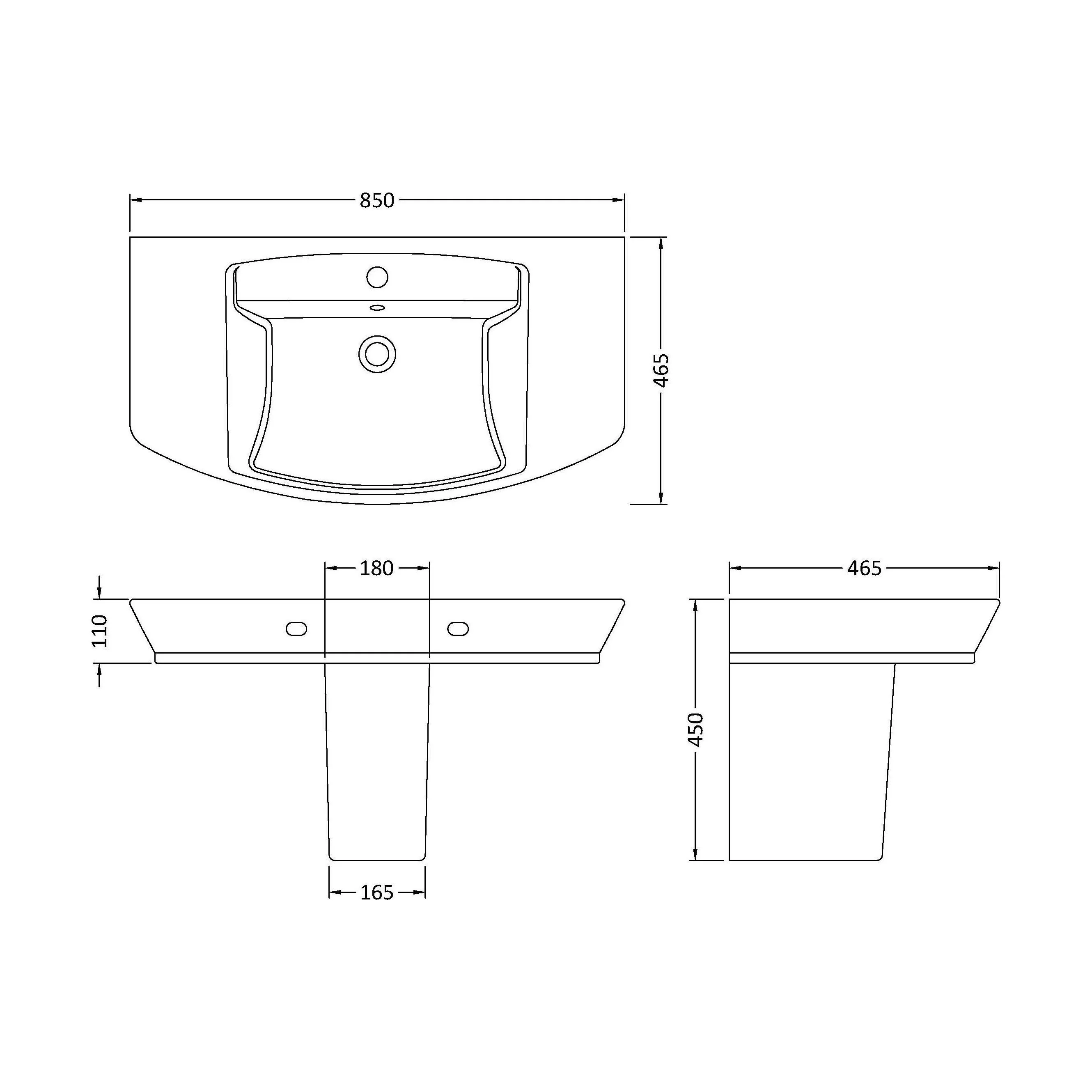 Spirit Square Ceramic Basin and Semi Pedestal, 850mm - Balterley - Image 2