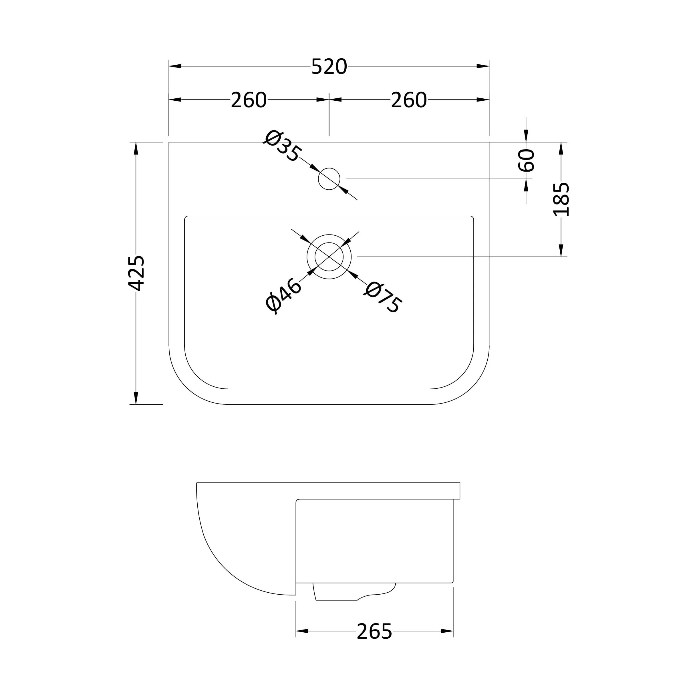 Square Ceramics Semi Recessed 1 Tap Hole Minimalist Basin (Tap Not Included), 520mm - Balterley