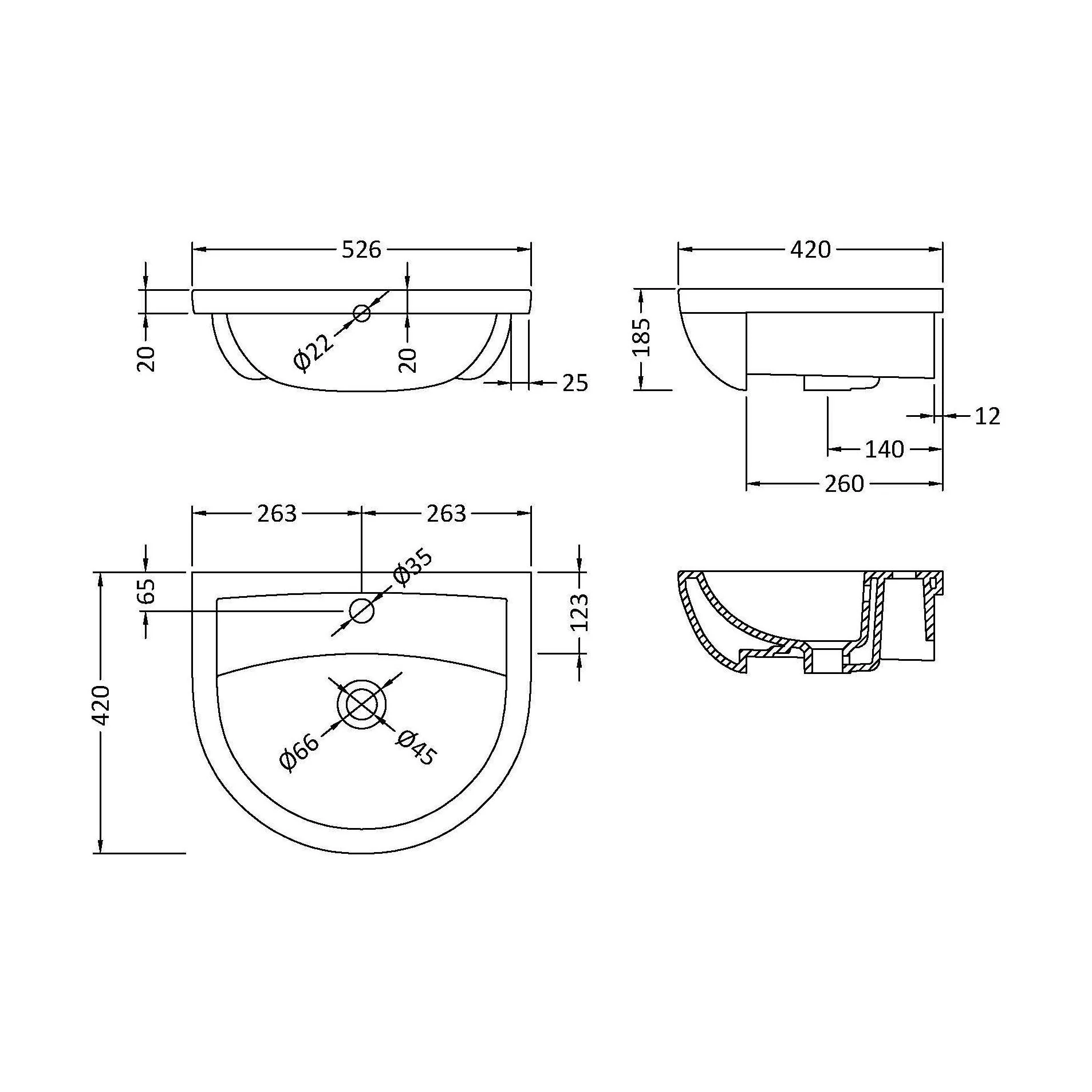 Round Ceramics Semi Recessed 1 Tap Hole Basin (Tap Not Included), 500mm - Balterley - Image 2