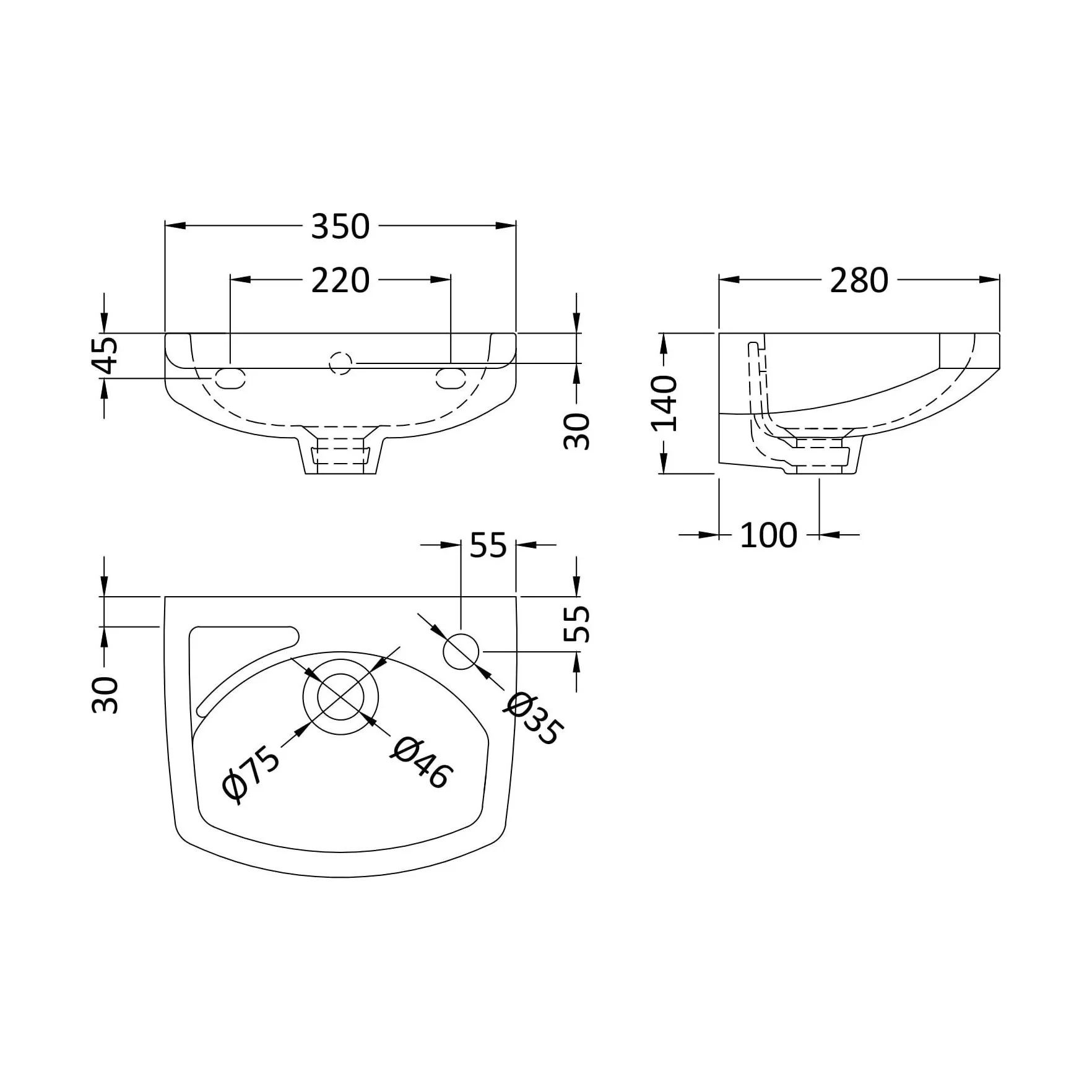 Balterley Adley Modern Wall Hung Ceramic Basin with Overflow and Tap Hole, 350mm - White - Image 2