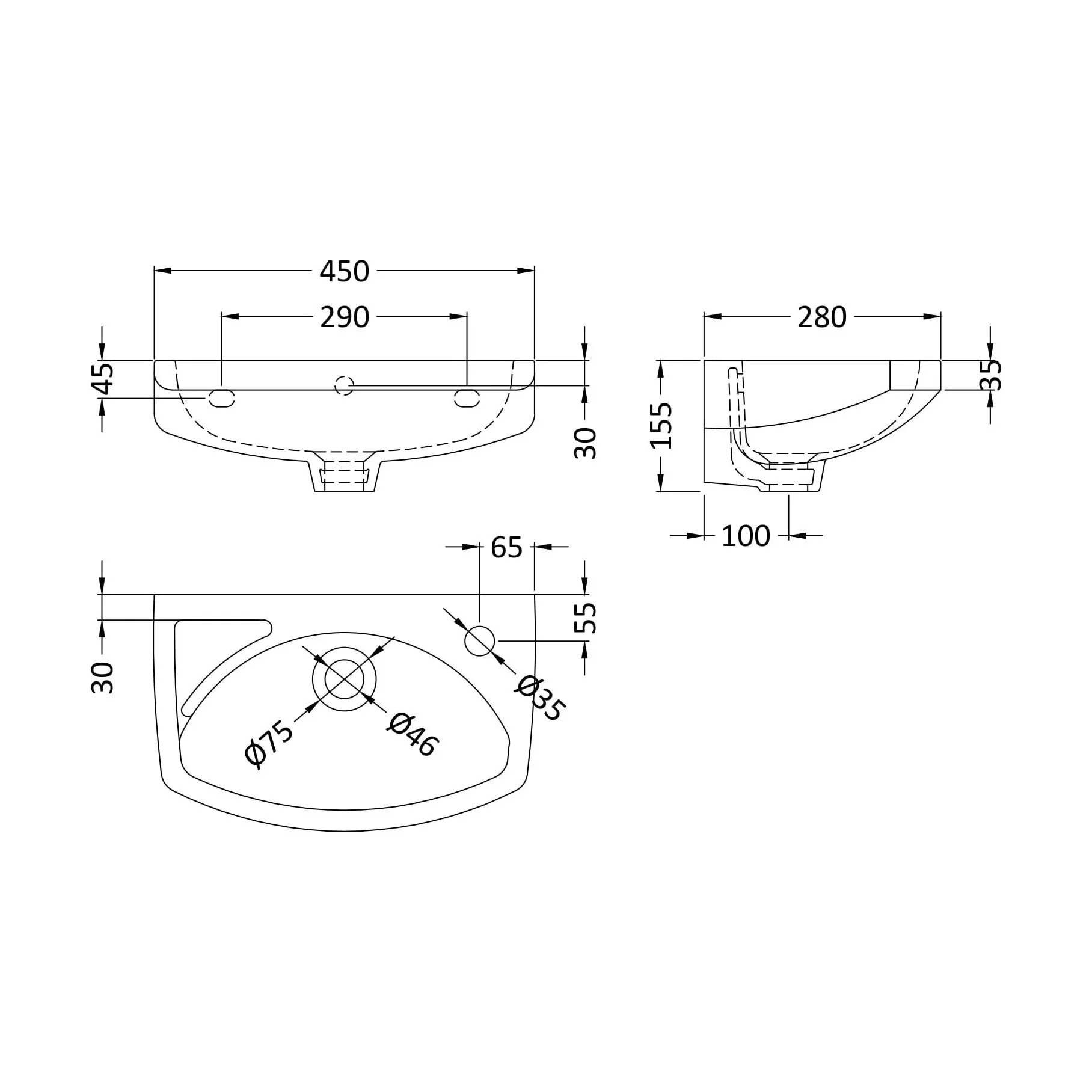 Balterley Adley Cloakroom Wall Hung 1 Tap Hole Oval Ceramic Basin with Overflow, 450mm - White - Image 2
