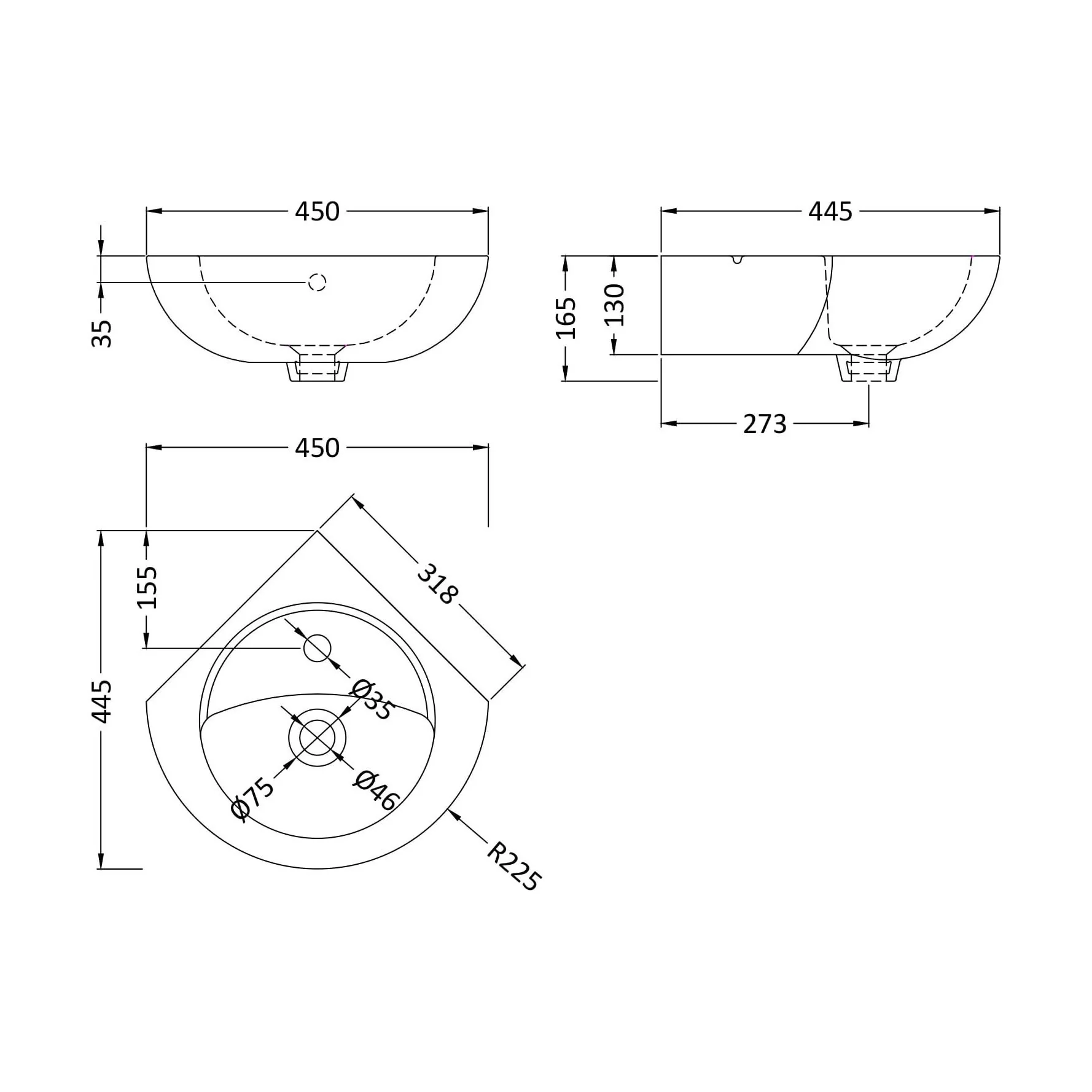 Balterley Adley Cloakroom Wall Hung Corner 1 Tap Hole Ceramic Basin with Overflow 450mm - White - Image 2