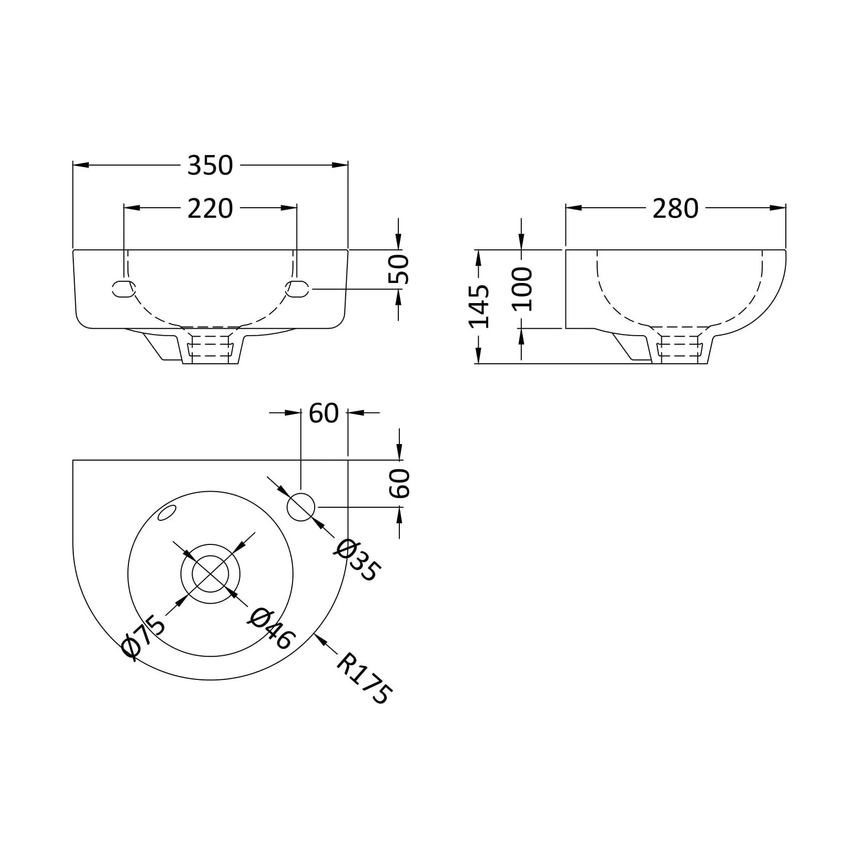 Balterley Adley Cloakroom Wall Hung 1 Tap Hole Round Ceramic Basin with Overflow, 350mm - White - Image 2