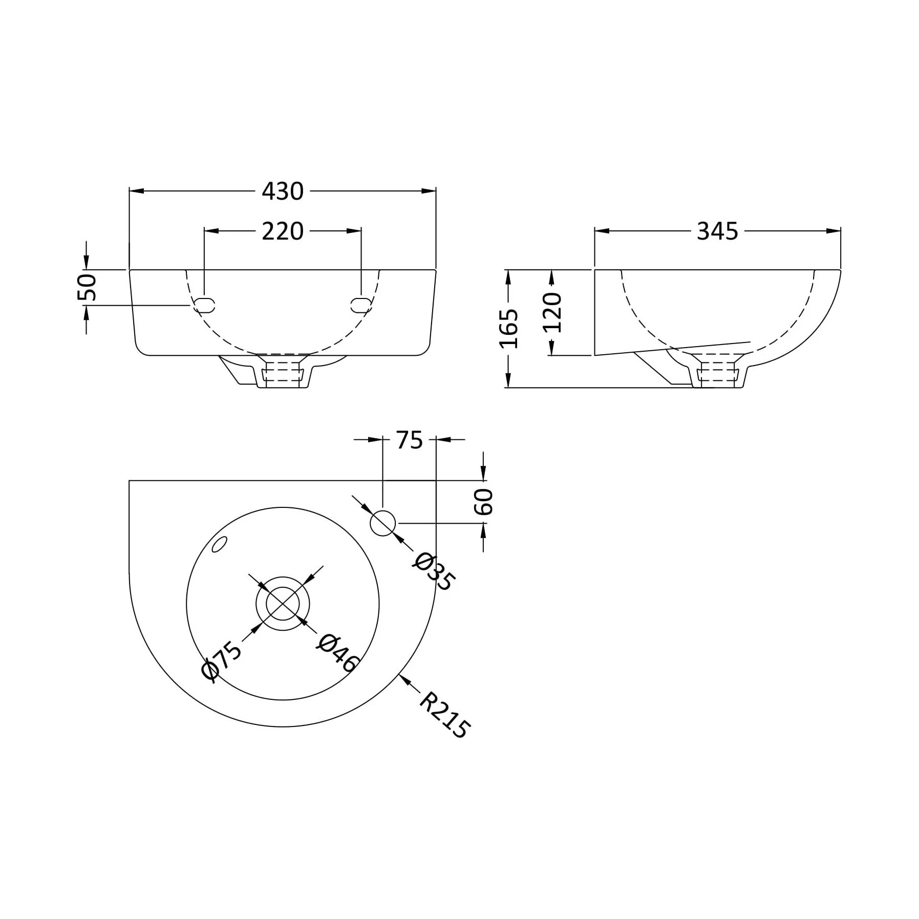 Balterley Adley Cloakroom Wall Hung 1 Tap Hole Round Ceramic Basin with Overflow, 450mm - White - Image 2
