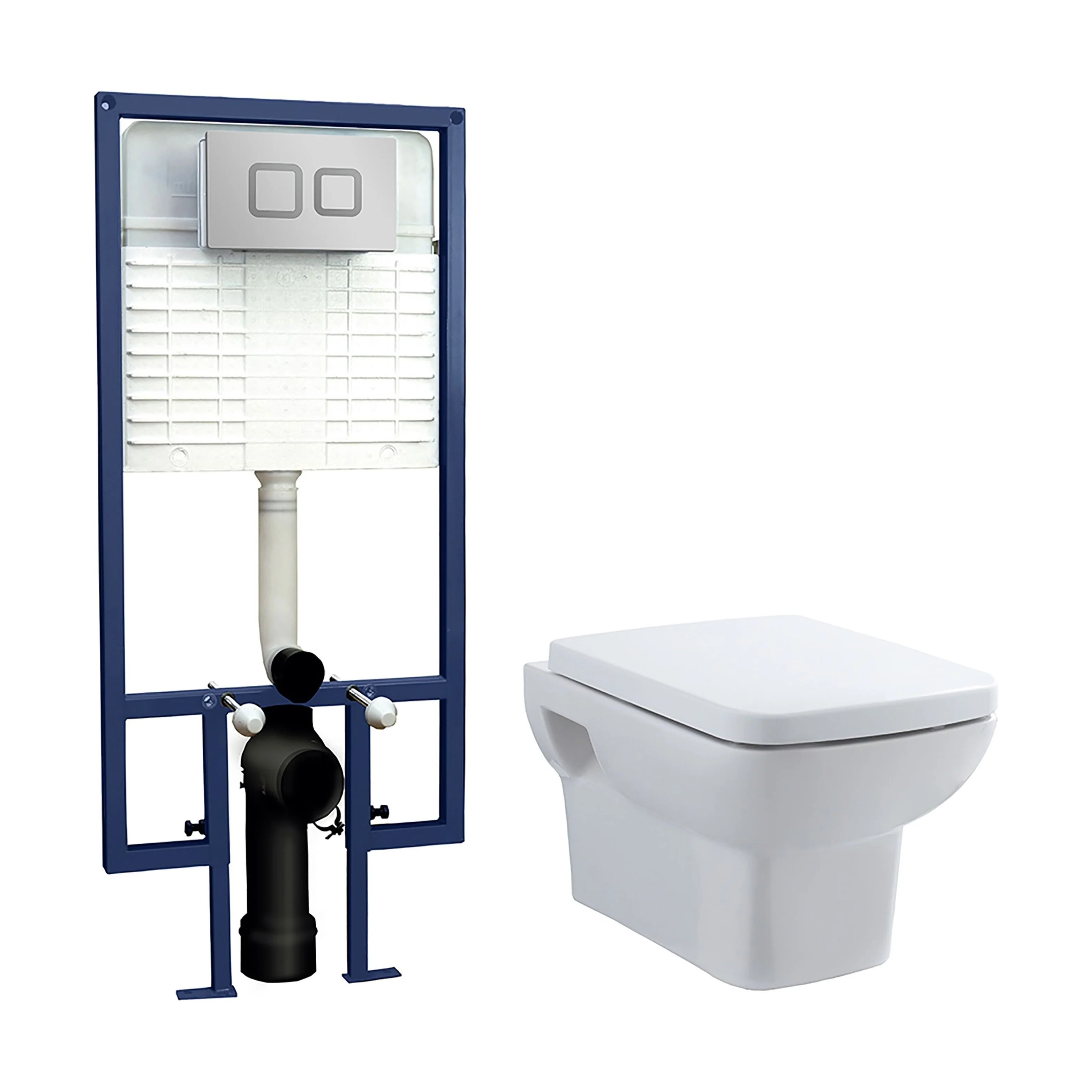 Alba Soft Square Wall Hung Toilet Pan, Soft Close Seat & Concealed Cistern with Square Push Button Plate, 360mm - Balterley