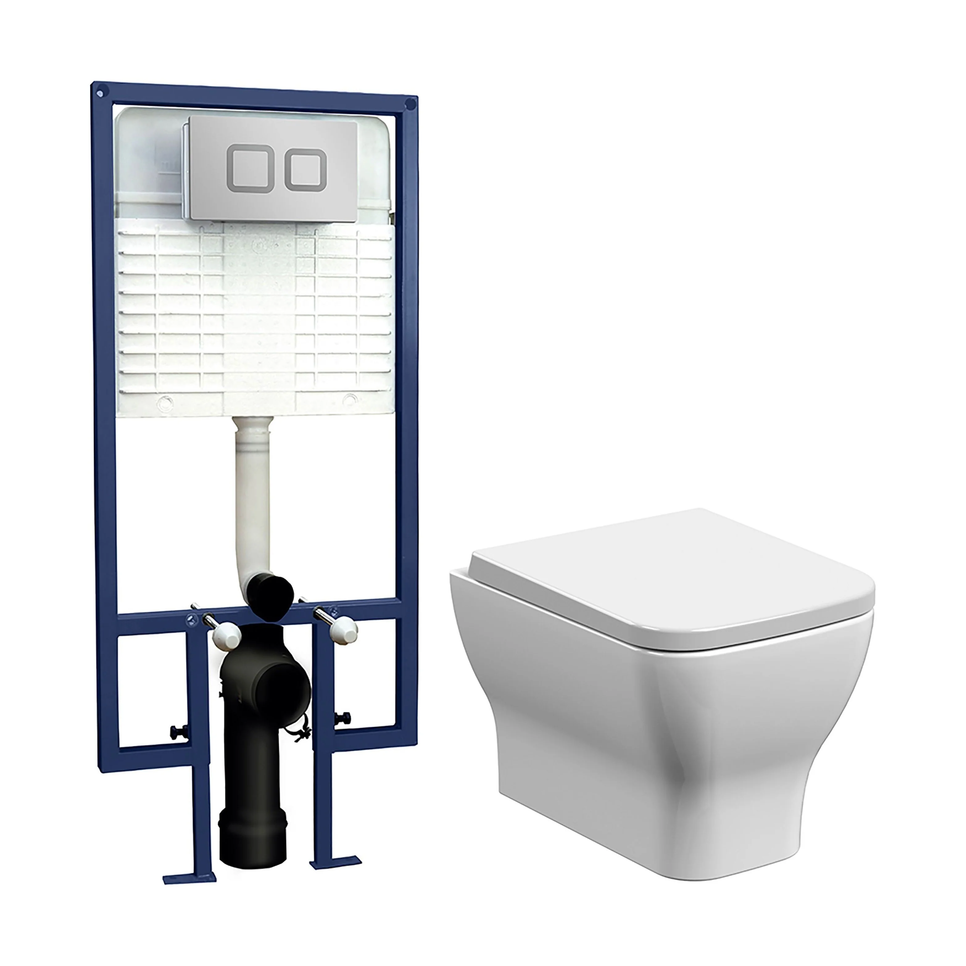 Faron Square Wall Hung Toilet Pan, Soft Close Seat & Concealed Cistern with Square Push Button Plate, 325mm - Balterley