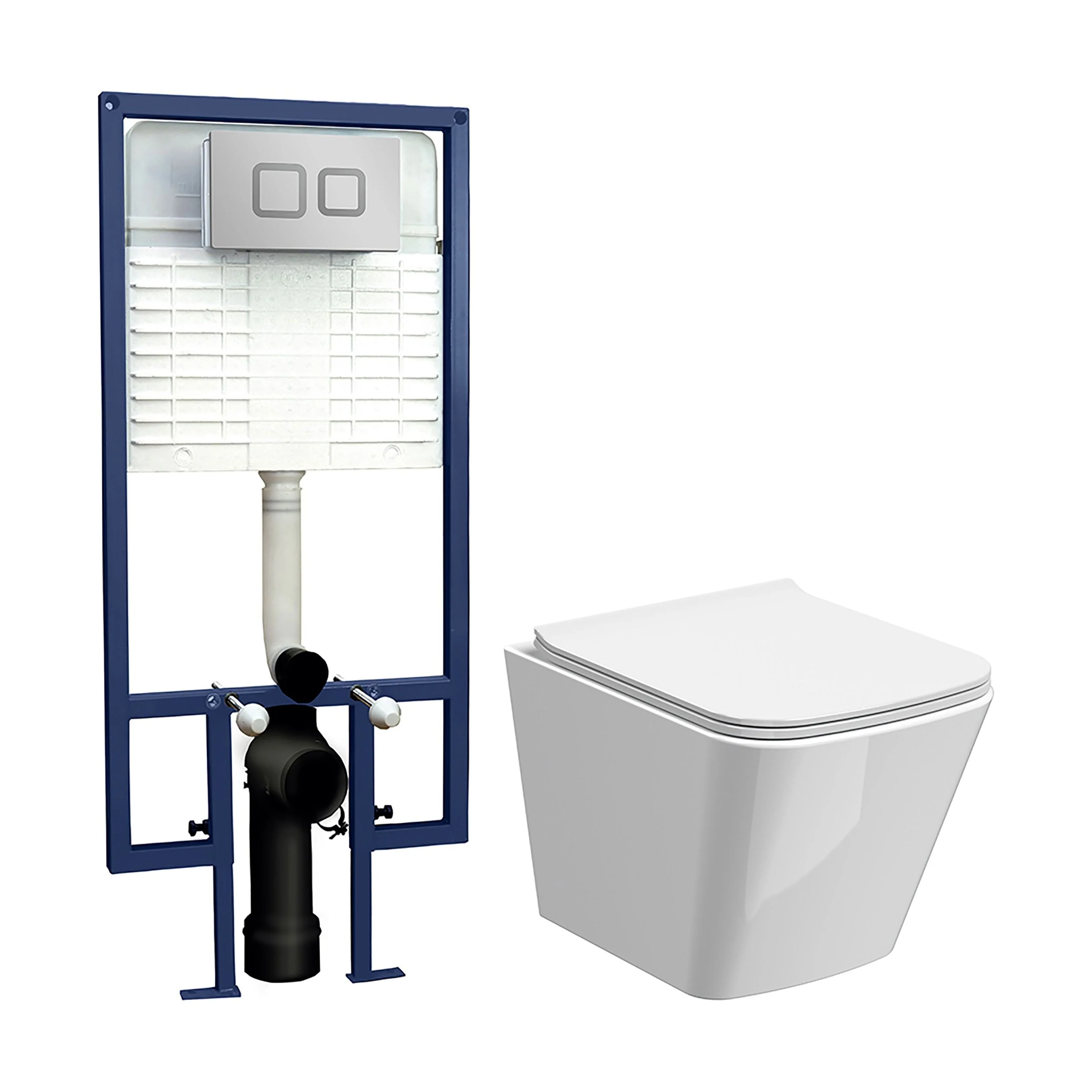 Faron Soft Square Wall Hung Toilet Pan, Soft Close Seat & Concealed Cistern with Square Push Button Plate, 325mm - Balterley