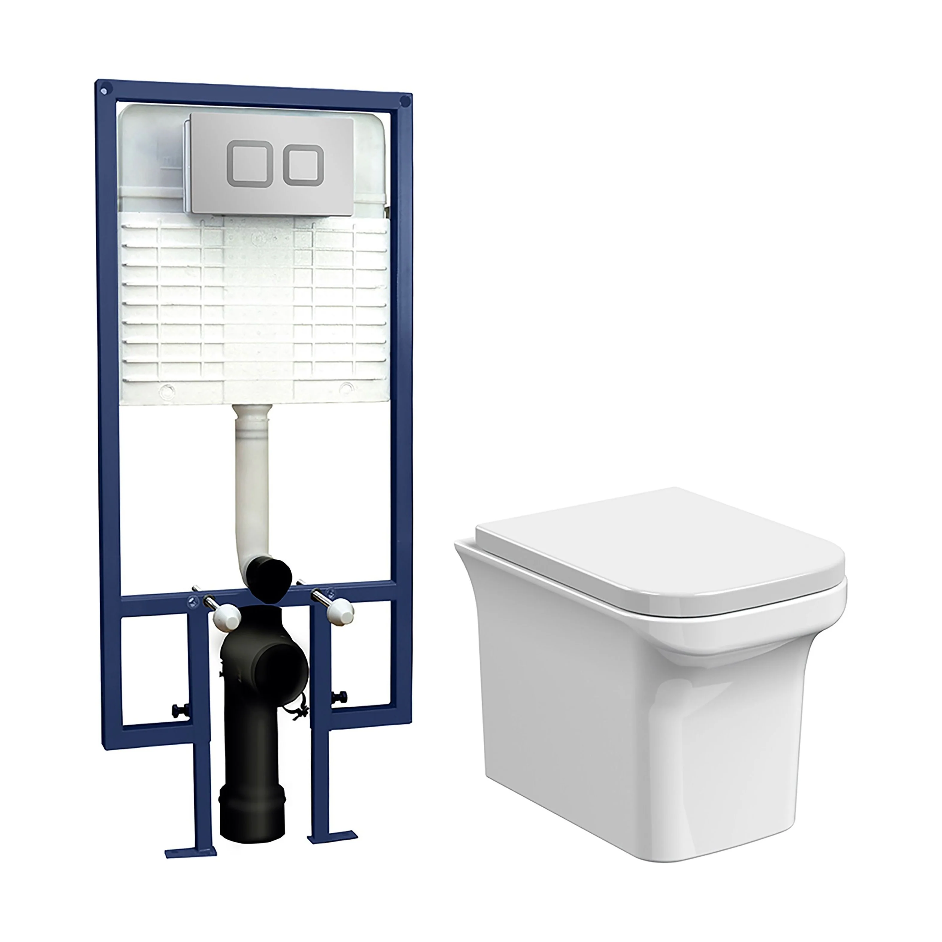 Faron Soft Square Wall Hung Toilet Pan, Soft Close Seat & Concealed Cistern with Square Push Button Plate, 390mm - Balterley
