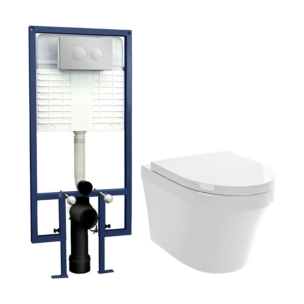 Mila Round Wall Hung Toilet Pan, Soft Close Seat & Concealed Cistern with Round Push Button Plate, 400mm - Balterley